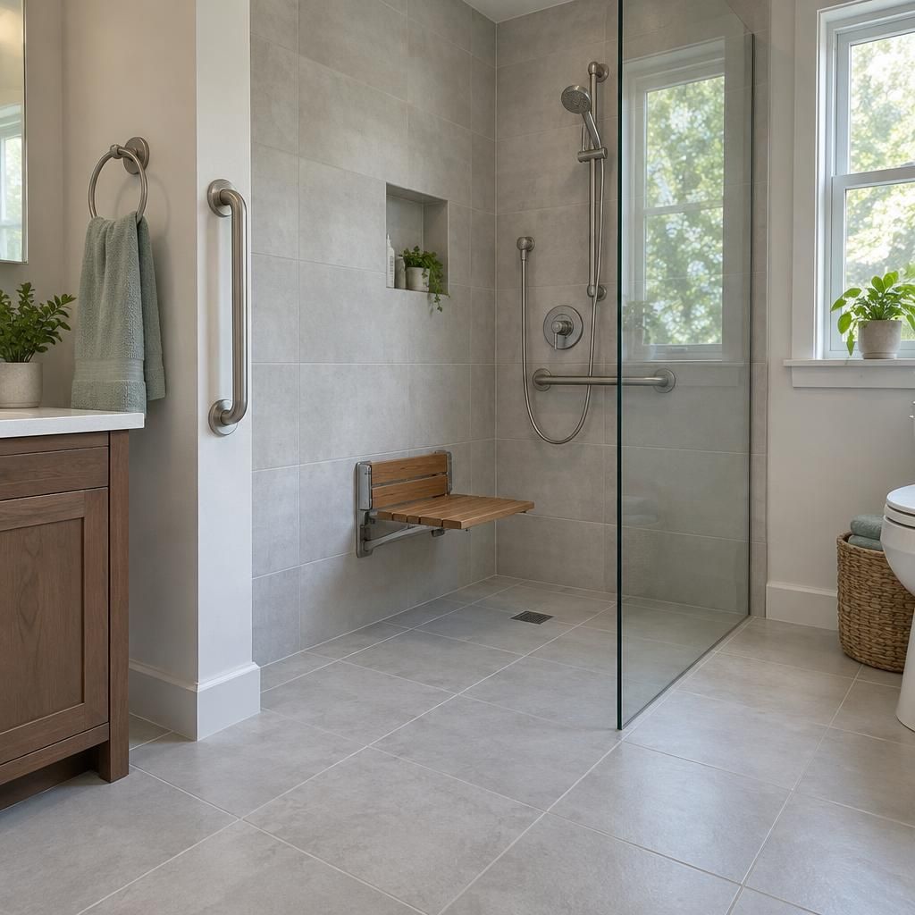 Illustration of a curbless shower with grab bars.