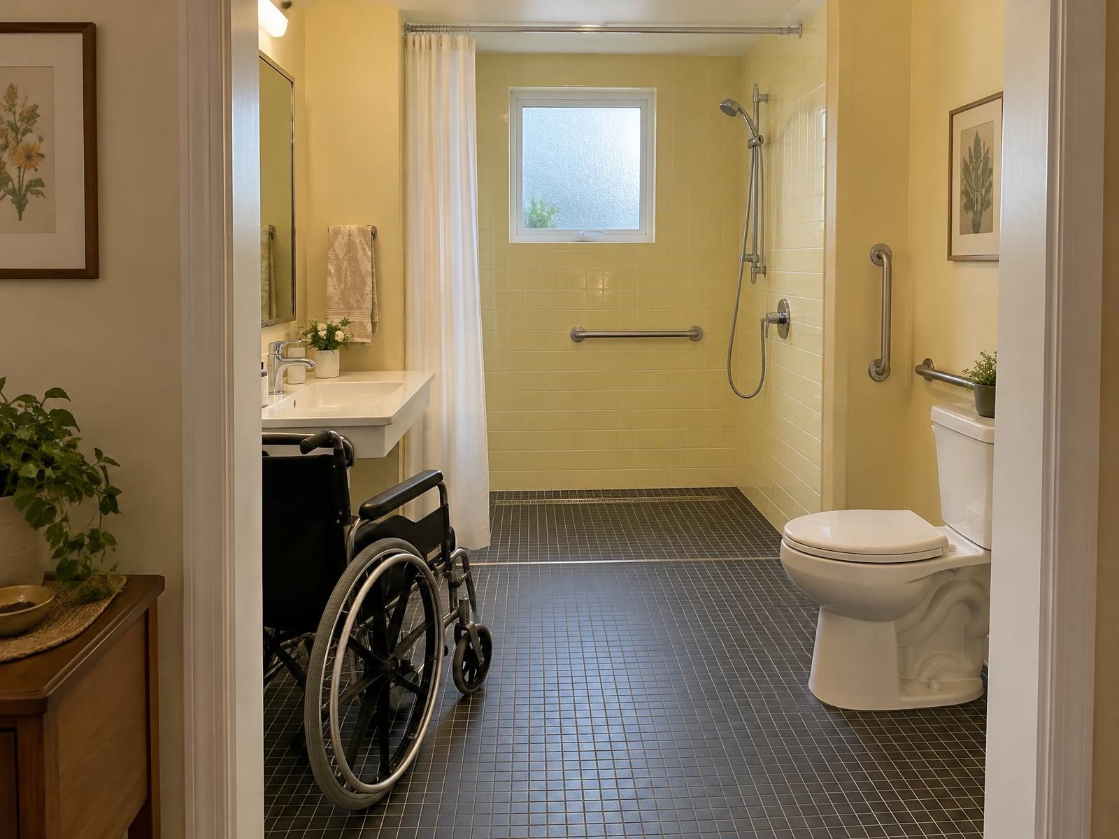 Illustration of a small hall bathroom in a 1950s ranch house remodeled for accessibility, with a level-entry shower where the tub used to be, a hand shower on a slide bar, grab bars around the toilet, a wide doorway and a wheelchair beside an open vanity.