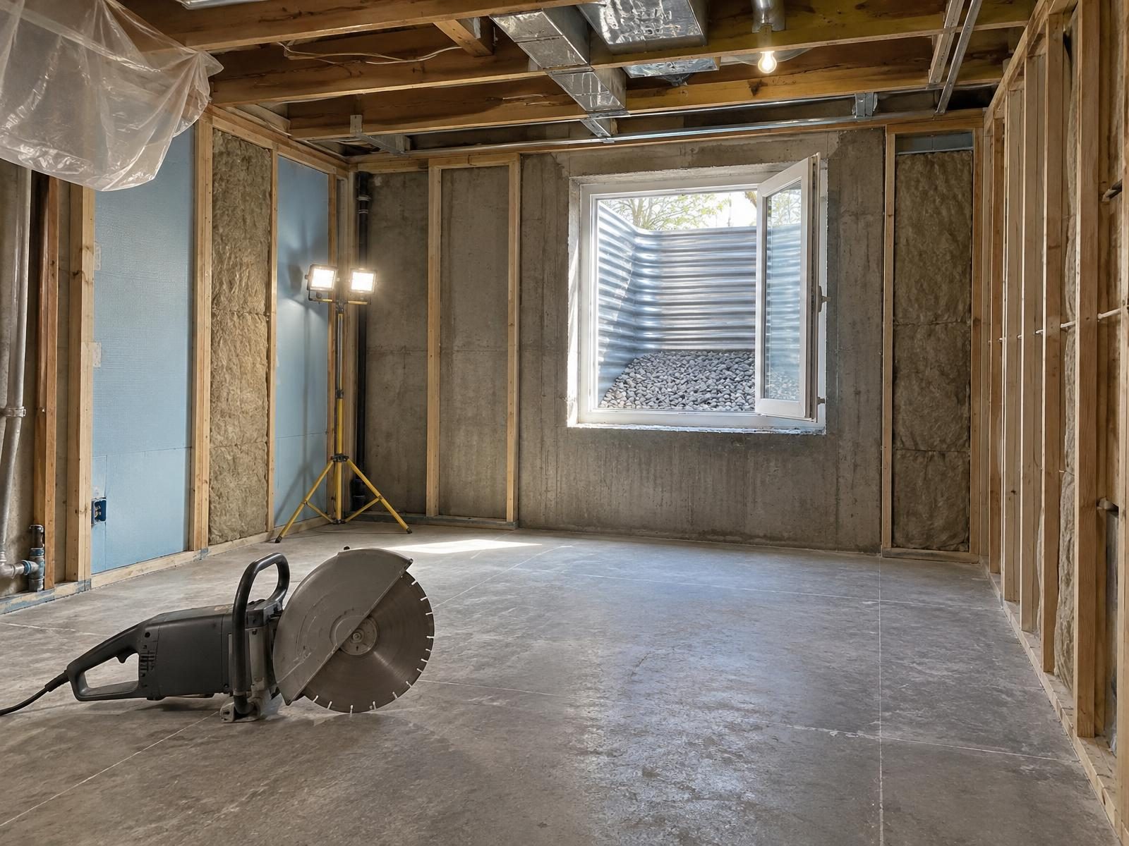 Illustration of a partly finished basement in a 1950s brick house, with framed and insulated walls, a bare concrete floor and a larger escape window newly cut into the foundation, opening onto a new window well.