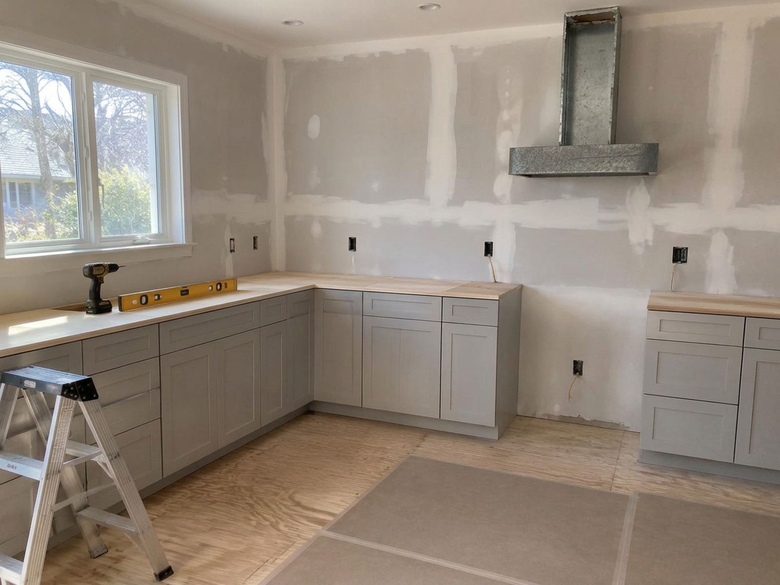 Illustration of a kitchen in the middle of a remodel, with new base cabinets in place, bare plywood waiting for a countertop and a range hood duct roughed in on the wall.