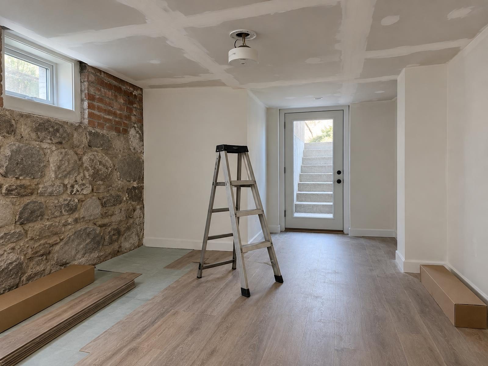 Illustration of a basement apartment being finished under a 1920s house, with its own entrance door at the bottom of outside concrete steps, a new drywall ceiling separating it from the home above, and a smoke alarm being mounted.