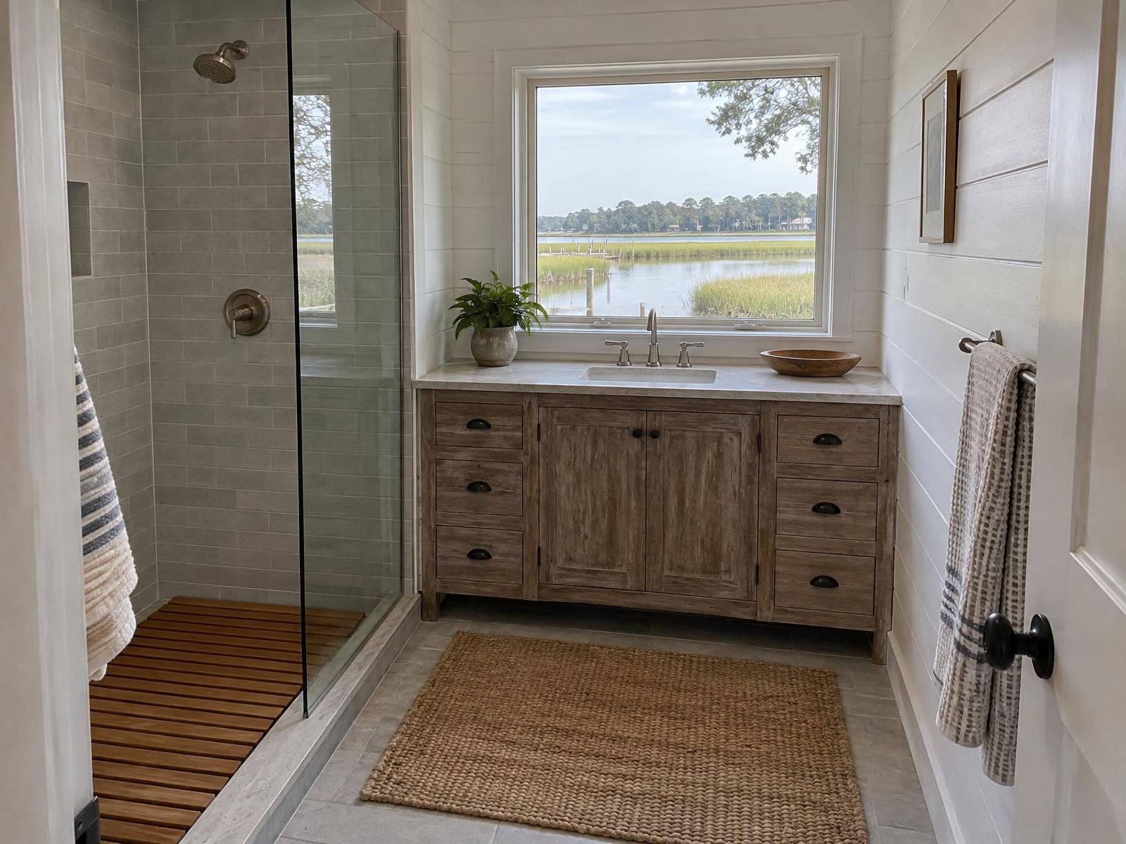 Illustration of a remodeled bathroom in a 1950s Anne Arundel County waterfront cottage, with shiplap walls and a window over a creek.