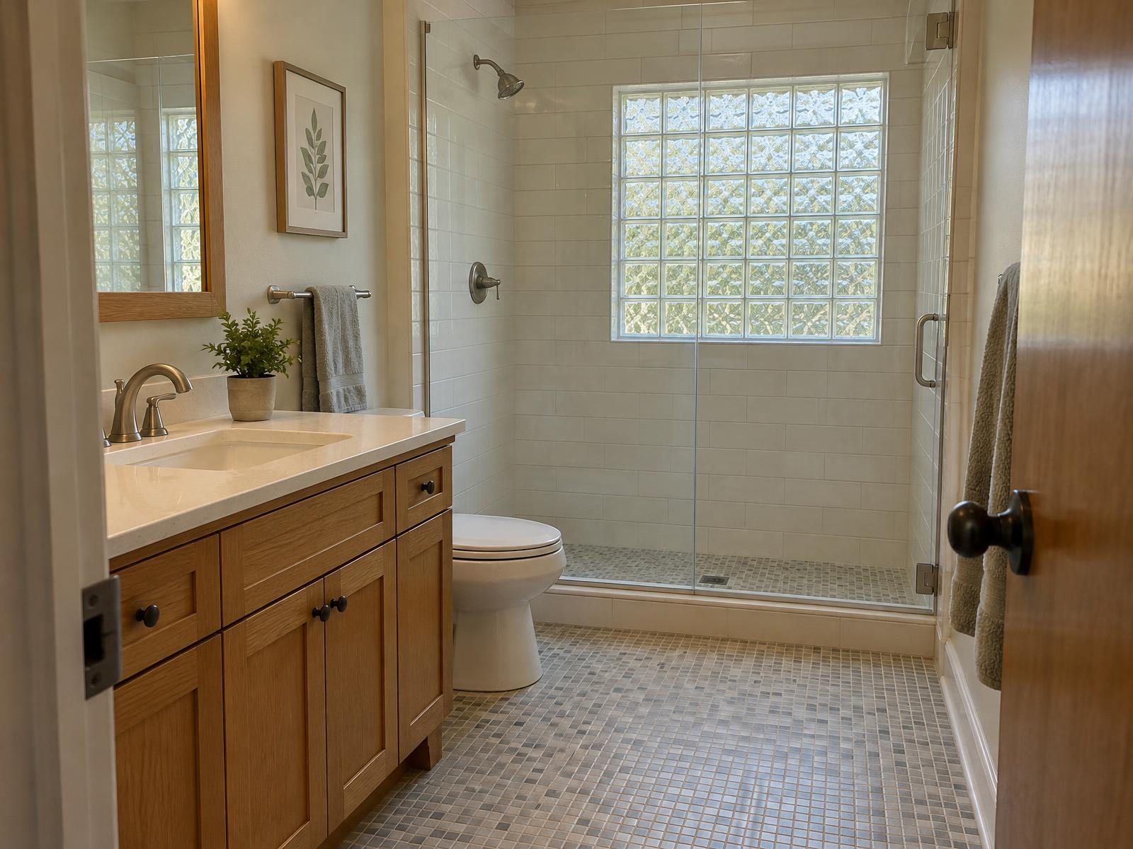 Illustration of a remodeled hall bathroom in a 1950s Towson brick rancher, with a walk-in shower lit by a glass-block window and an oak vanity.