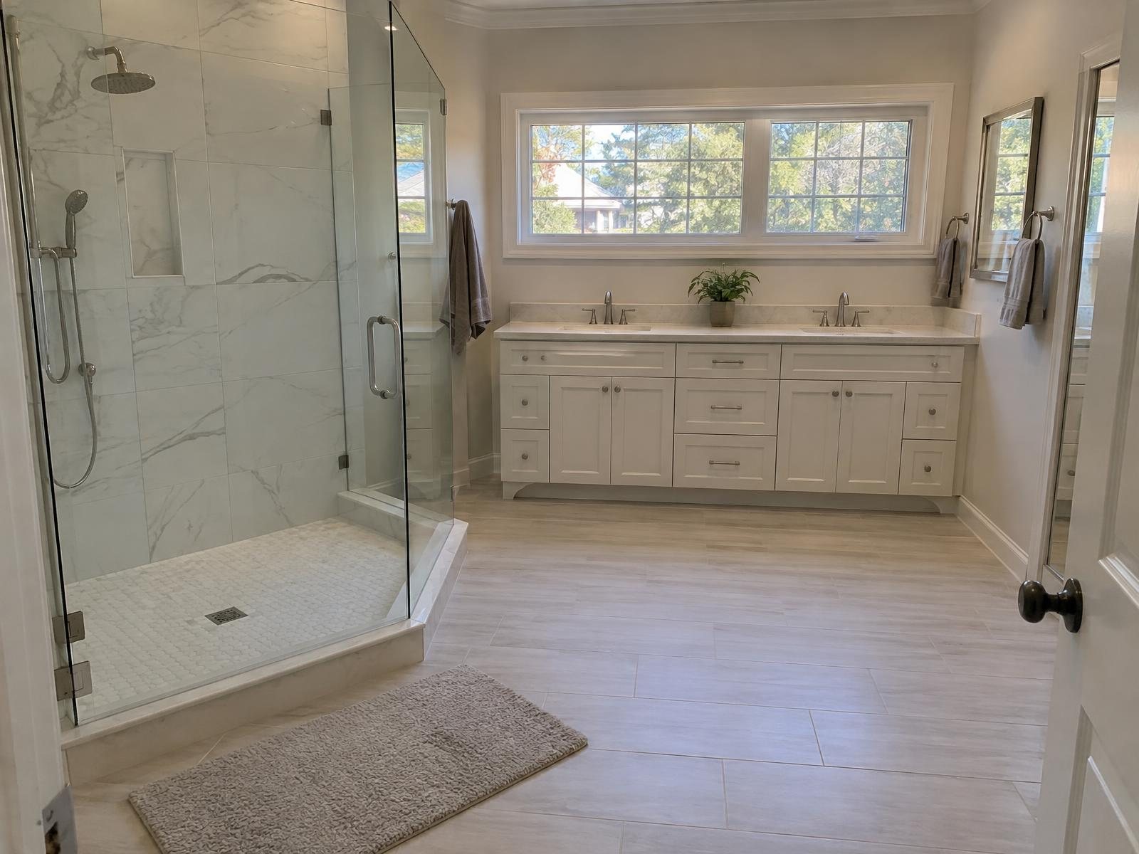 Illustration of a remodeled primary bathroom in a 1990s Bel Air colonial, with a frameless-glass walk-in shower and a cream double vanity.