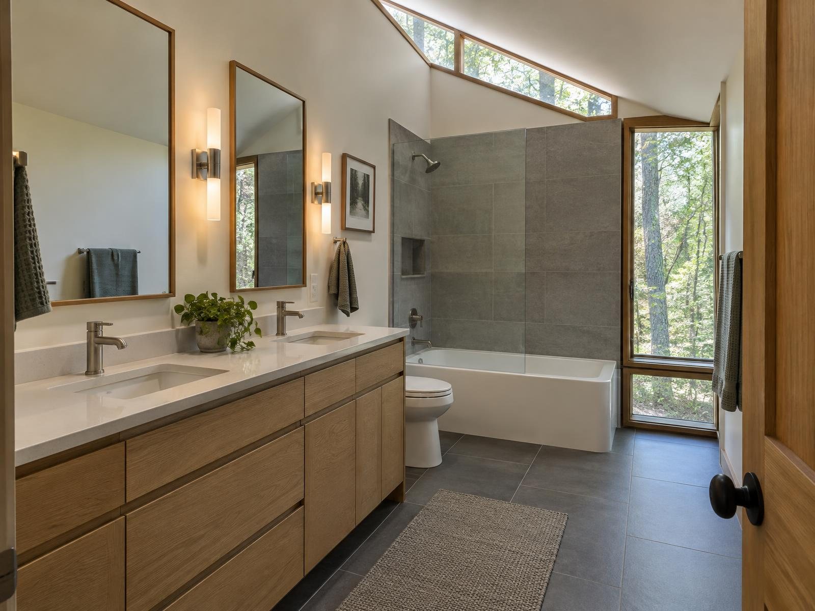Illustration of a remodeled upstairs bathroom in a 1970s Columbia contemporary, with a sloped ceiling, clerestory window and a white-oak double vanity.