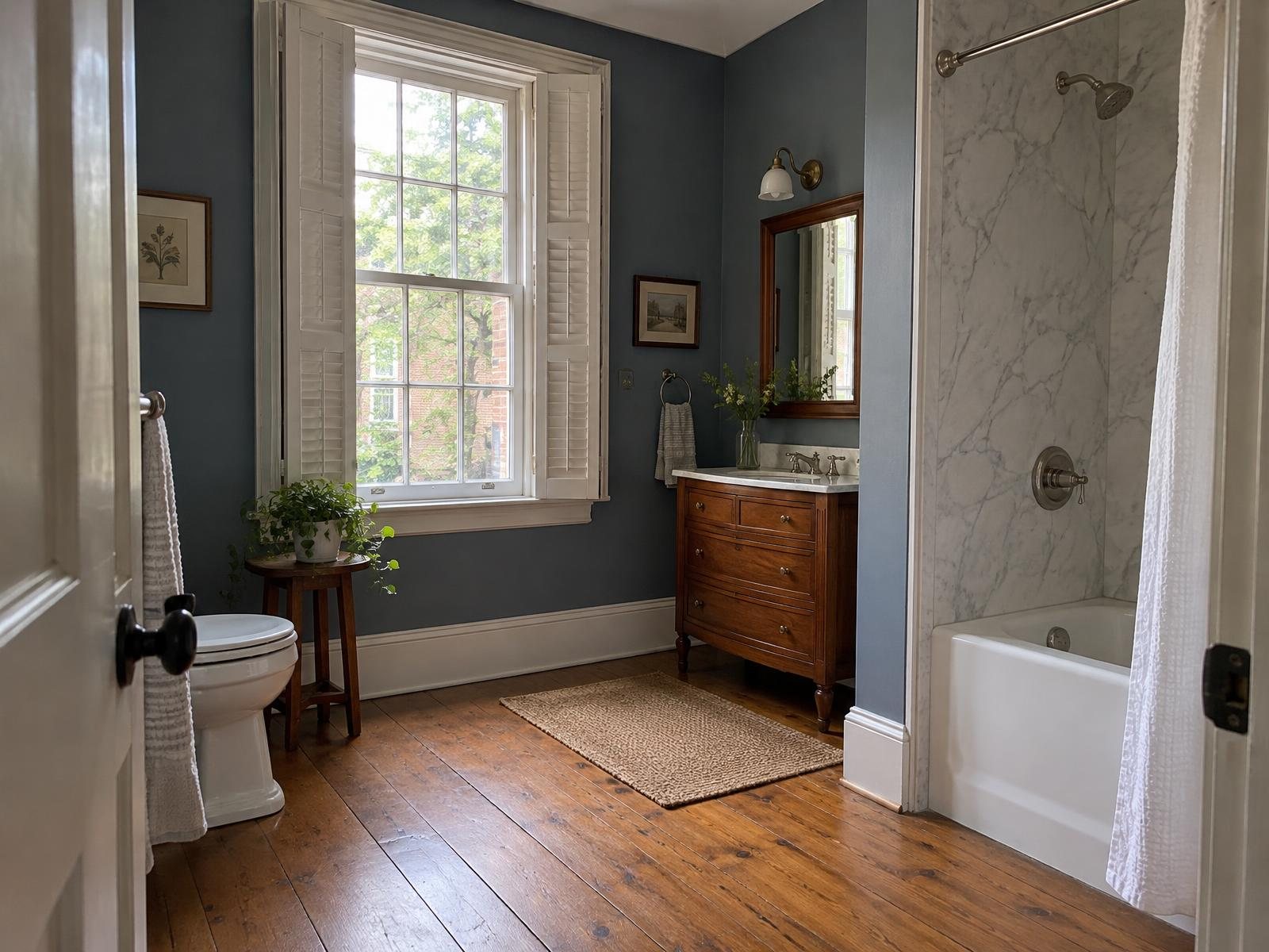 Illustration of a remodeled bathroom in a nineteenth-century Old Town Alexandria rowhouse, with a tall shuttered window and a wide pine floor.