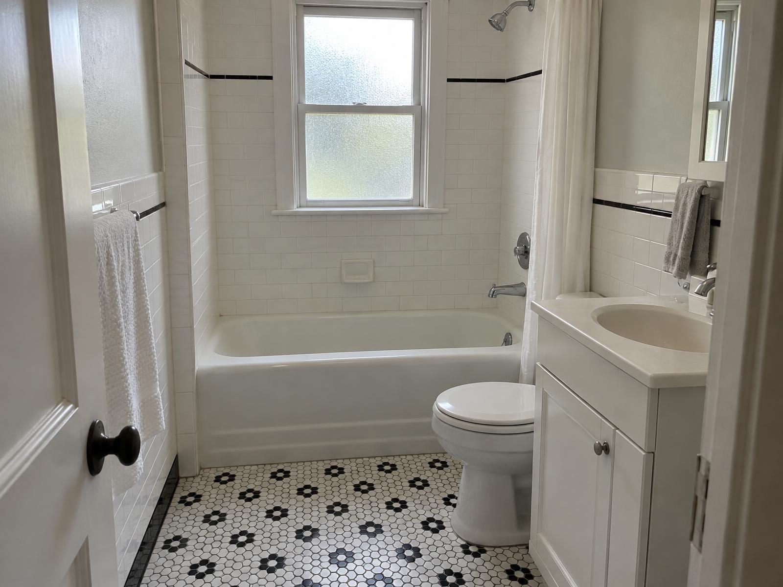 Illustration of a remodeled bathroom in a 1940s Arlington garden-apartment condo, with a recessed tub, tile wainscot and a black-and-white mosaic floor.