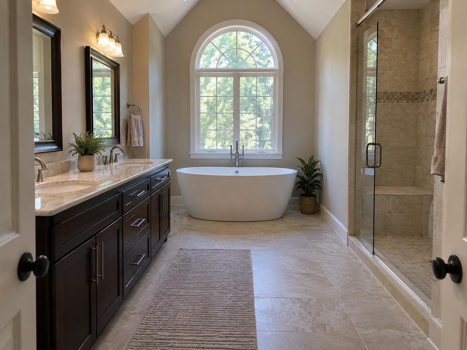 Illustration of a remodeled primary bathroom in a 1990s Midlothian colonial, with a freestanding tub under a round-top window.