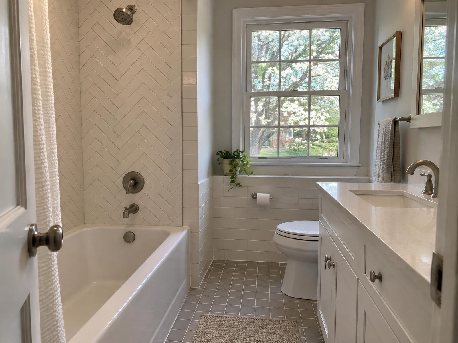 Illustration of a remodeled hall bathroom in a 1960s Henrico brick ranch, with cream herringbone tile behind the tub and a window onto a dogwood.