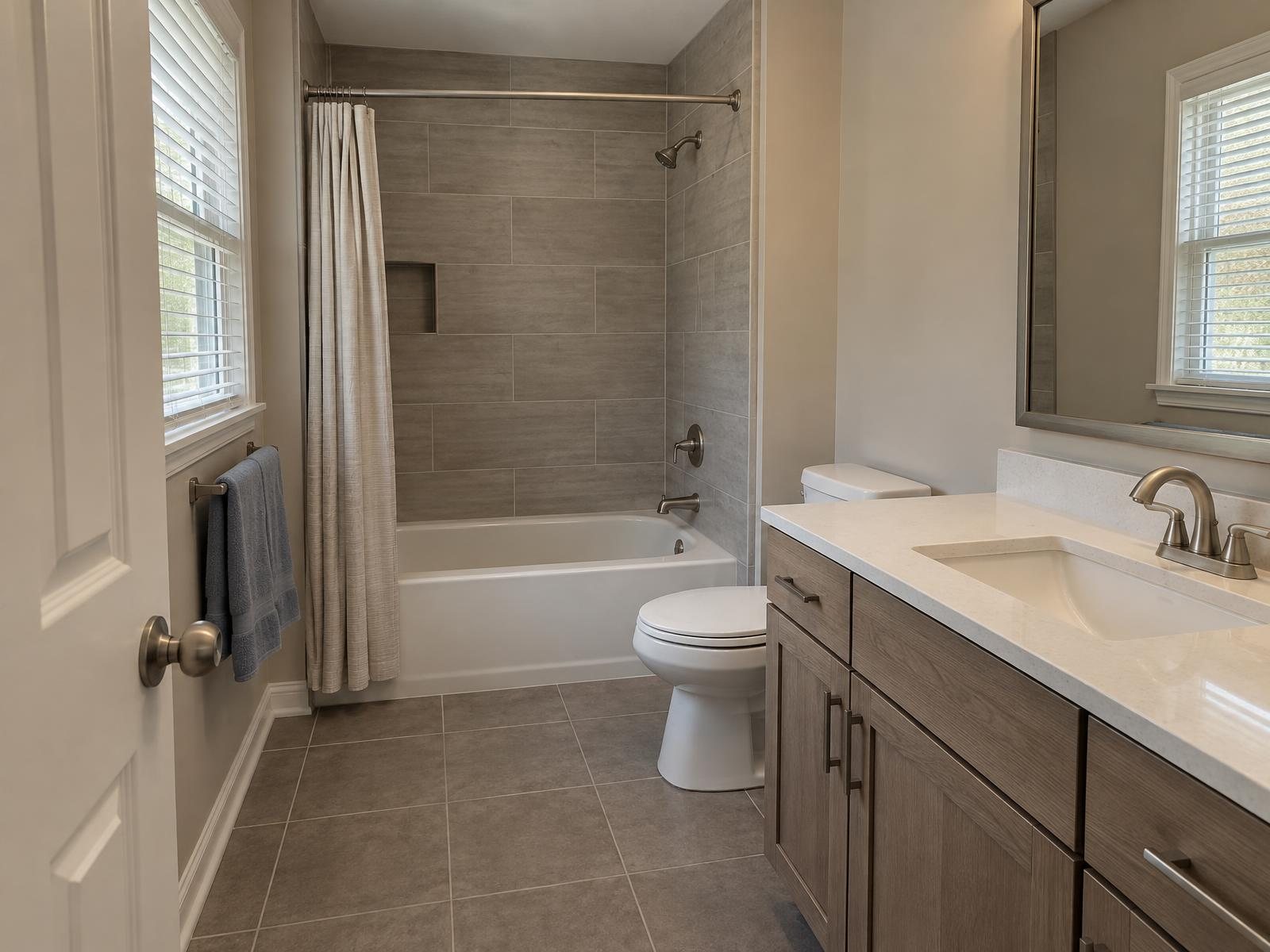 Illustration of a remodeled hall bathroom in a 2000s Chesapeake two-story, with a warm-gray tiled tub-shower and a driftwood-tone vanity.