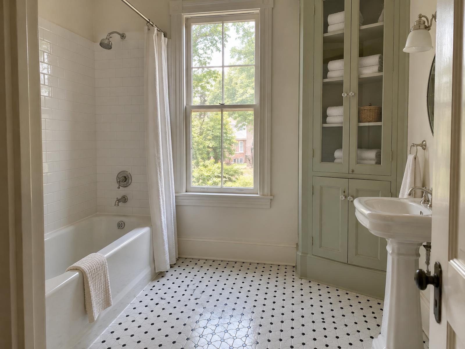 Illustration of a remodeled bathroom in an early-1900s Ghent house in Norfolk, with an octagon-and-dot tile floor and a glass-front built-in linen cupboard.