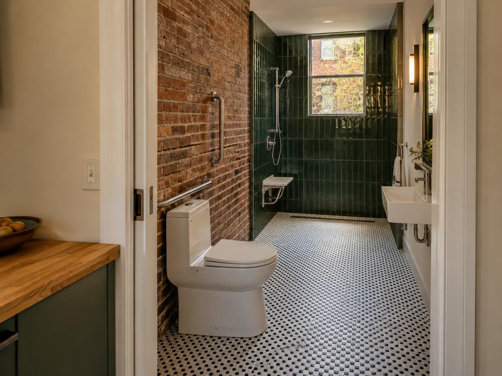 Illustration of a small accessible bathroom added on the first floor at the back of a Baltimore rowhouse, with a curbless tiled shower and fold-down seat, grab bars beside the toilet, a wide pocket door opening from the kitchen and a brick party wall along one side.