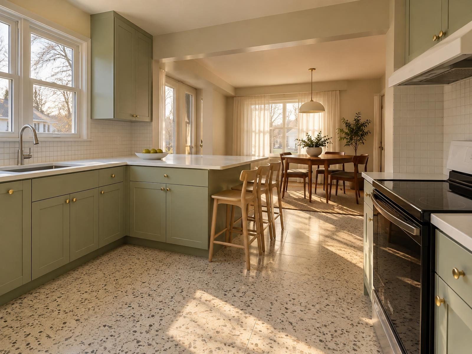 Illustration of a remodeled kitchen in a 1960s brick rancher in Glen Burnie, Anne Arundel County, with L-shaped counters under a window, the wall to the dining room opened into a peninsula, and an electric range under a ducted hood.