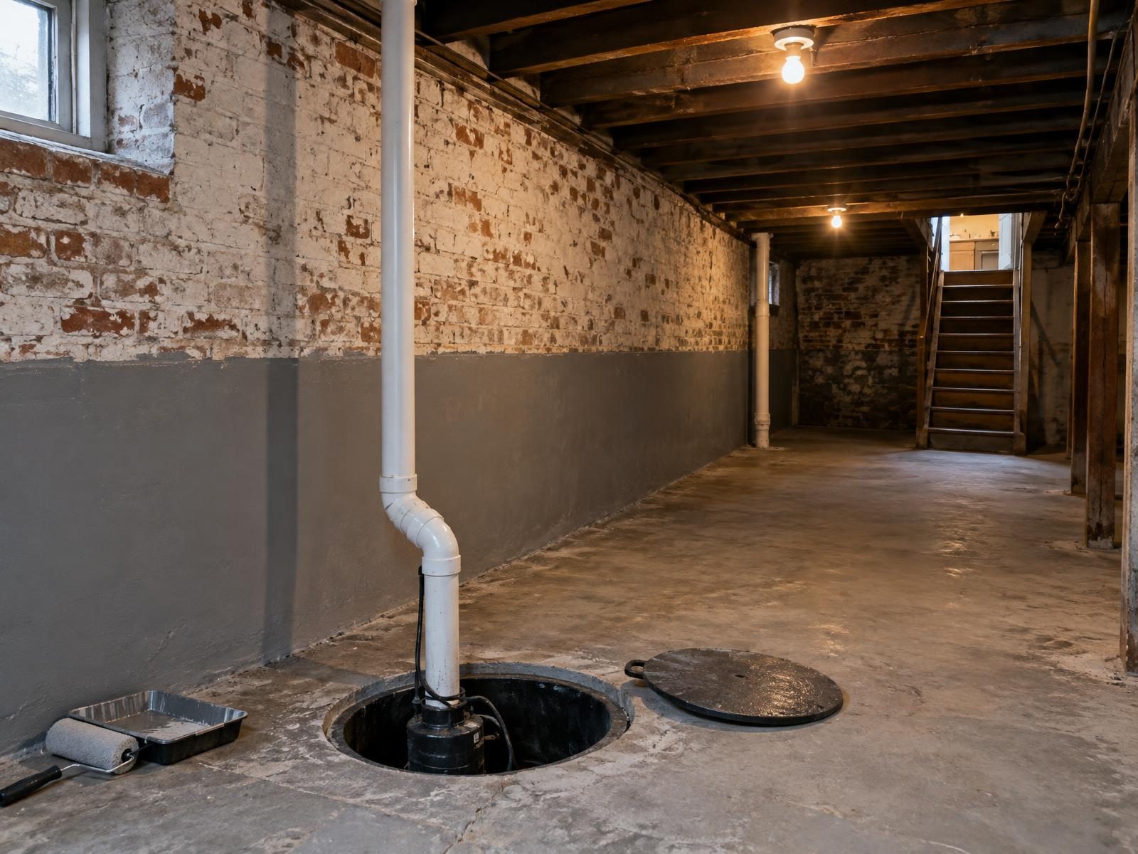 Illustration of a Baltimore rowhouse basement being finished, with a low ceiling under exposed joists, a whitewashed brick party wall being sealed, a sump pit in the concrete floor, a radon vent pipe rising along one wall and steep stairs coming down from the kitchen.