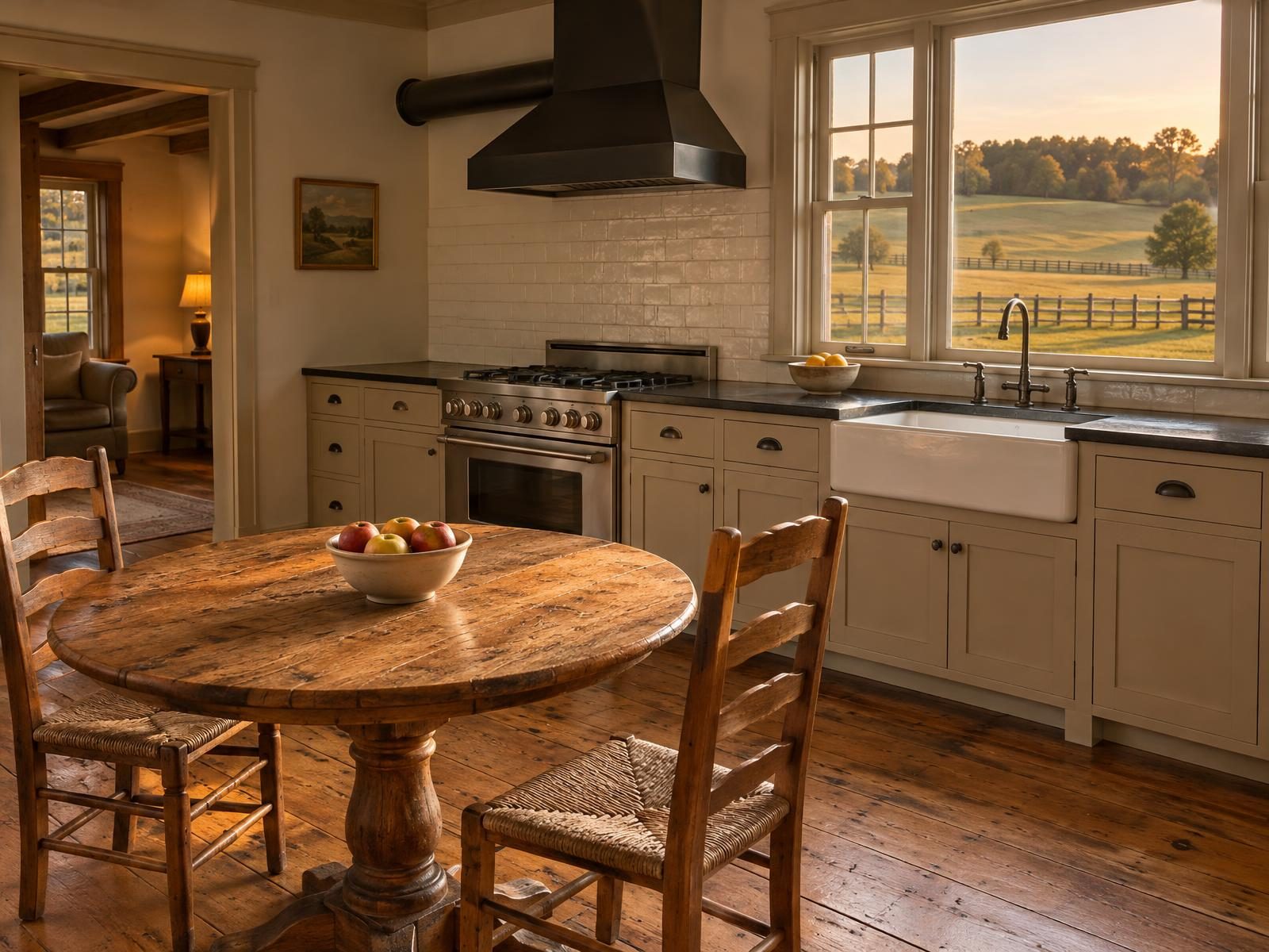 Illustration of a remodeled eat-in kitchen in a 1970s Jarrettsville colonial on a rural lot, with a propane range under a hood vented through the outside wall and a window over the sink facing fields.