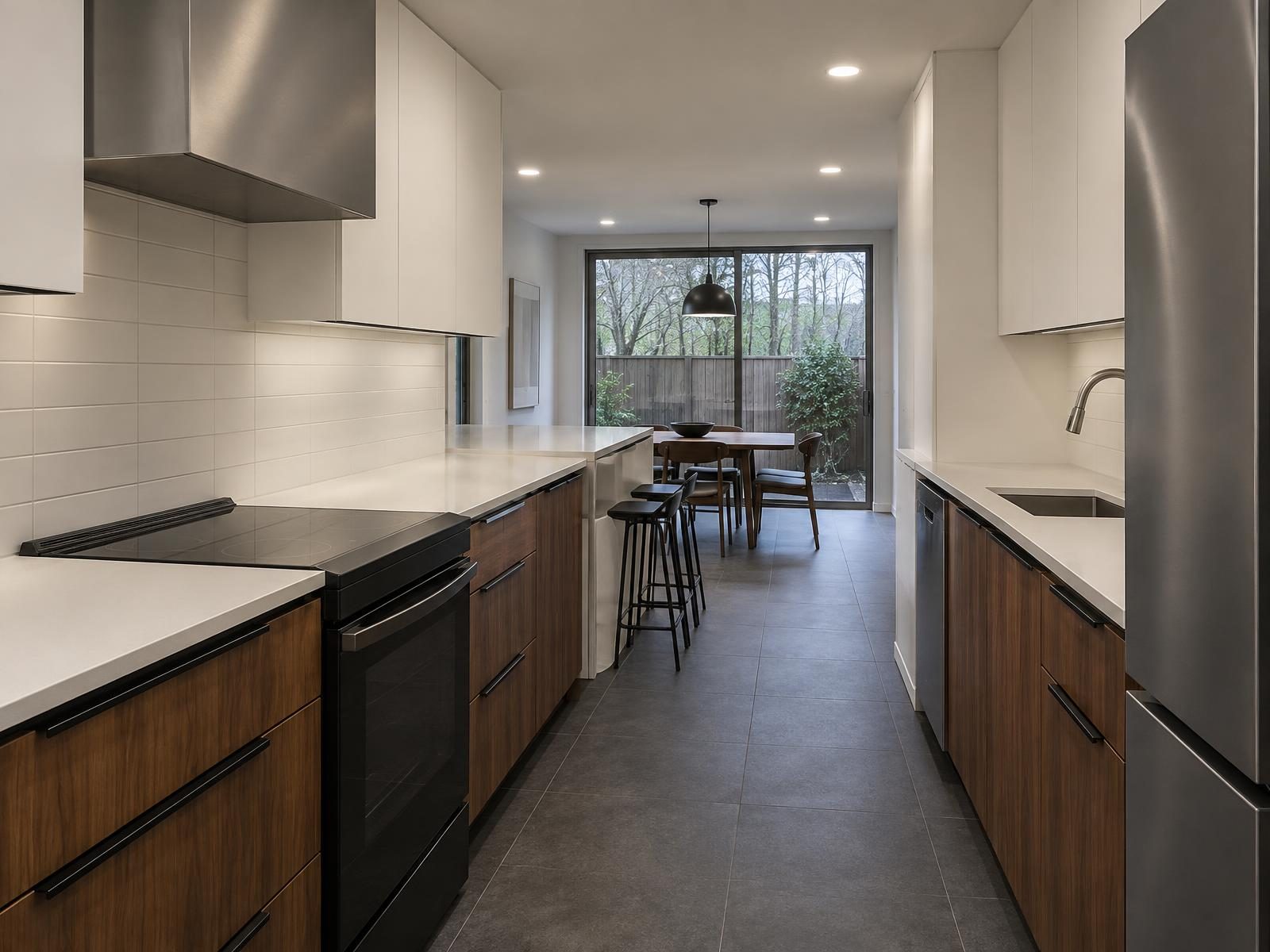 Illustration of a remodeled kitchen in a 1970s Columbia townhouse, with the wall to the dining room opened into a peninsula and a new ducted hood over the electric range.