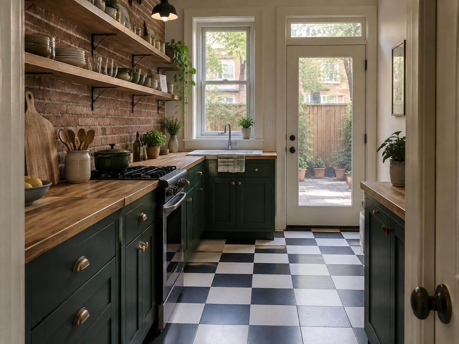 Illustration of a remodeled galley kitchen at the back of a Baltimore rowhouse, with cabinets along one brick party wall, a window over the sink and a door out to the small rear yard.