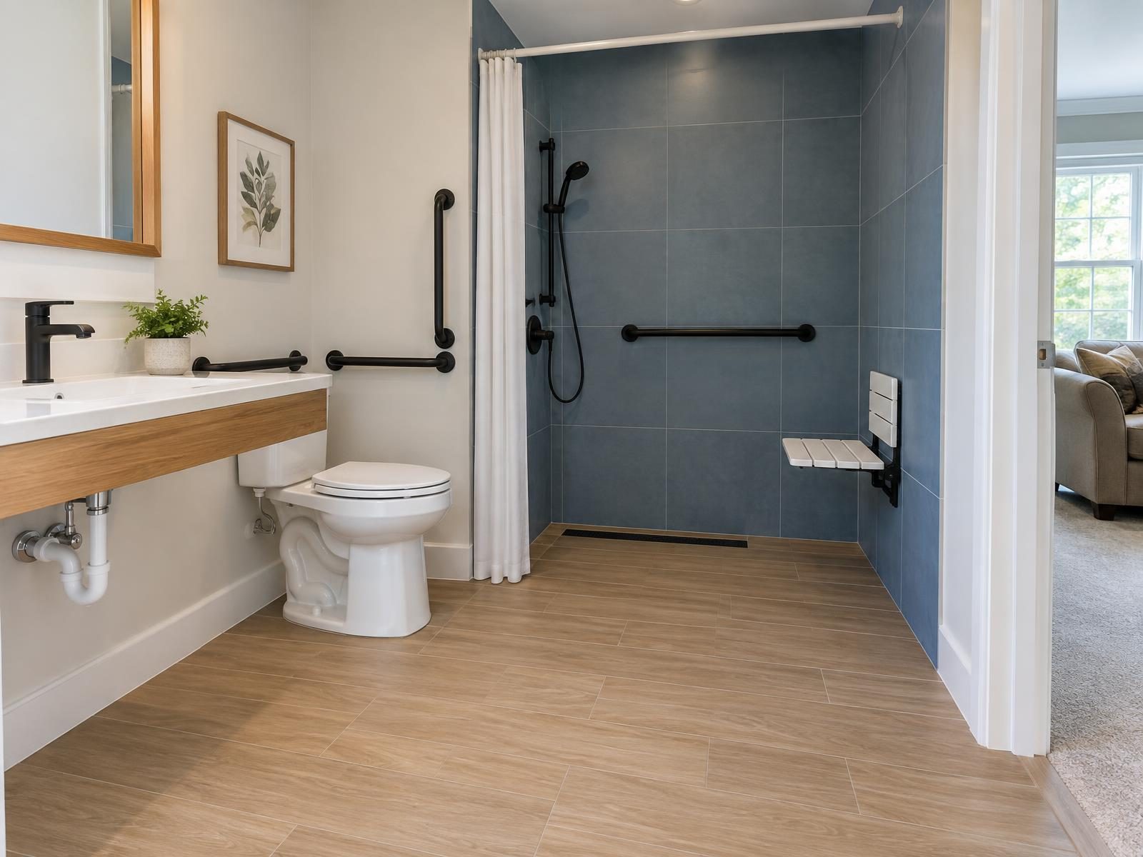 Illustration of a first-floor bathroom in a 1980s Olney colonial rebuilt for accessibility, with a curbless tiled shower, a fold-down seat and hand shower, grab bars beside a comfort-height toilet and a widened doorway opening onto the family room.