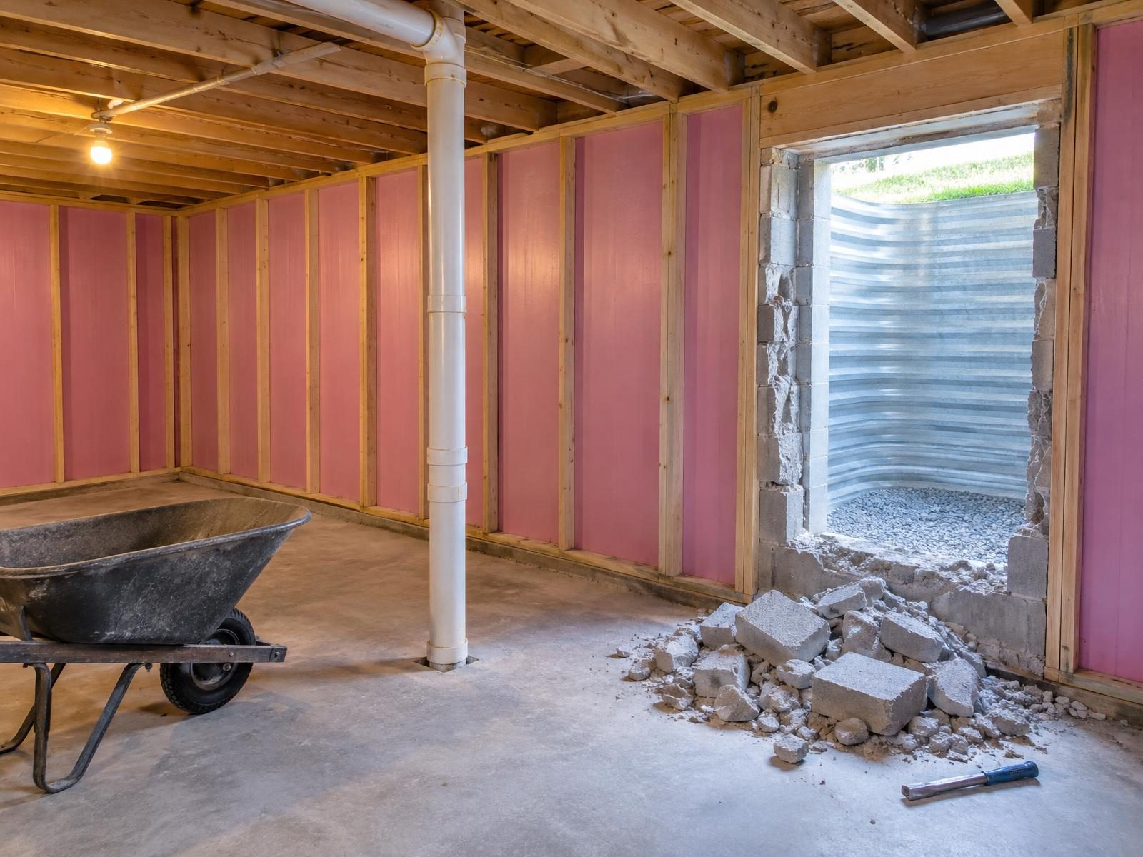 Illustration of the basement of a 1950s Wheaton brick rambler being finished, with framed, foam-insulated block walls, a radon vent pipe rising through the new ceiling and a small high window being cut down into an escape window over a new window well.