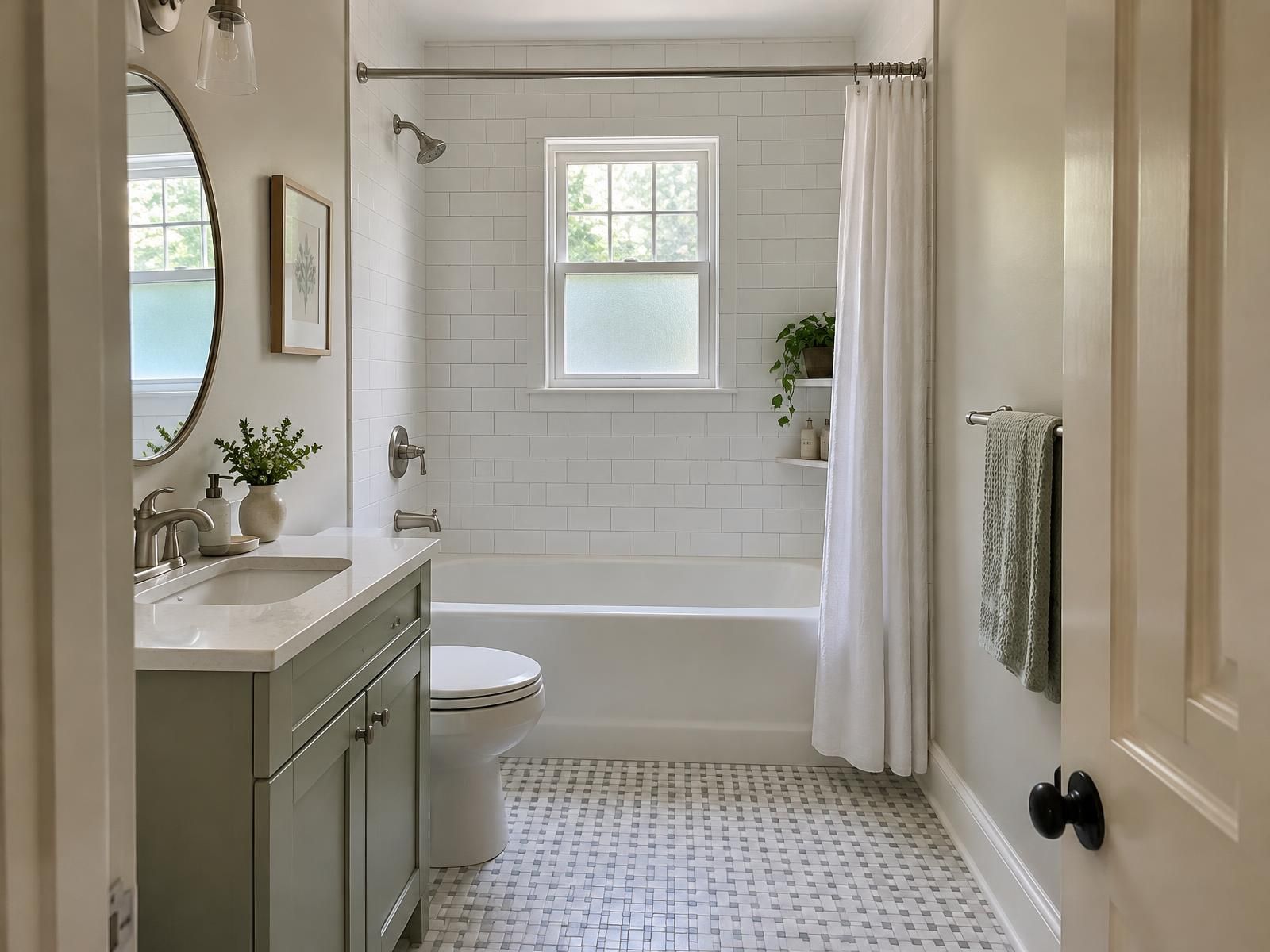 Illustration of a renovated hall bathroom in a 1950s brick colonial in Silver Spring: a recessed tub with new white tile to the ceiling, a narrow vanity in place of a wall-hung sink, and a small double-hung window over the tub.