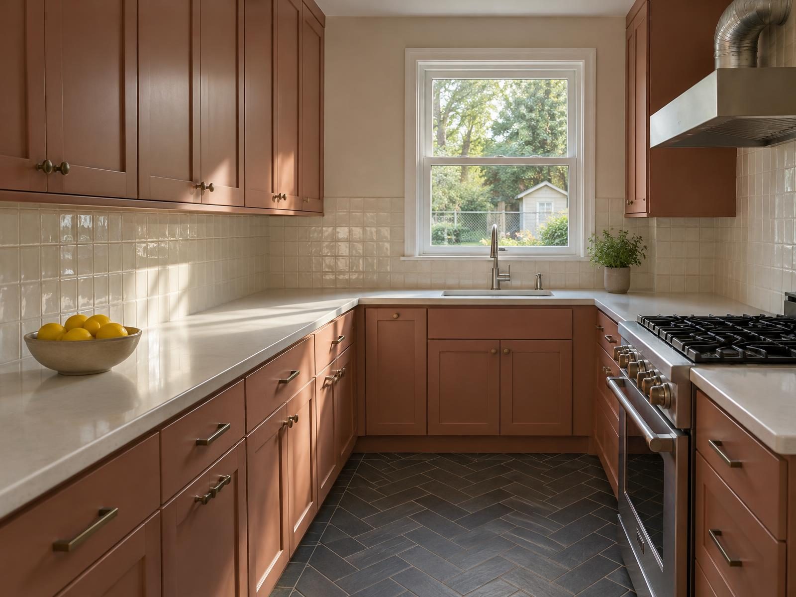 Illustration of a remodeled kitchen at the back of a 1950s brick colonial in Silver Spring, with painted cabinets along both walls of a narrow room, a window over the sink looking onto the back yard, and a gas range under a hood vented through the outside wall.