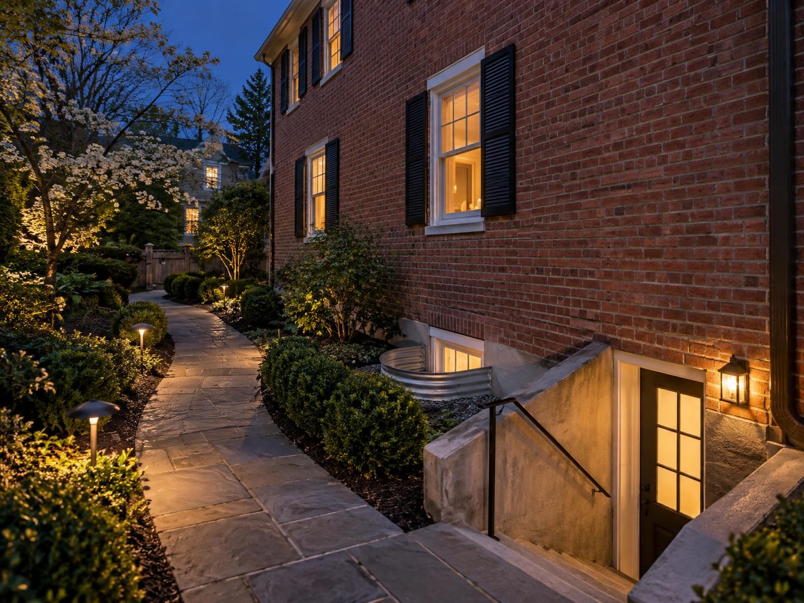 Illustration of a 1930s brick colonial in Bethesda with a basement accessory apartment, its own side entrance at the bottom of concrete areaway steps, a lit walkway along the side yard and an escape window set in a well.