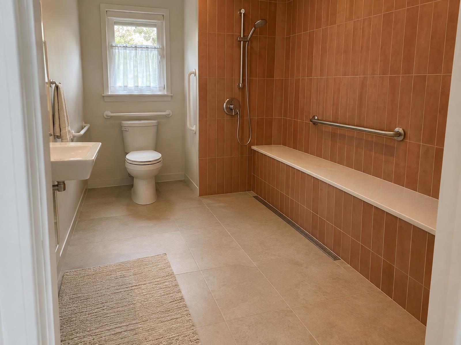 Illustration of the main-floor hall bath in a 1950s brick rambler in Hillcrest Heights rebuilt for accessibility, with a curbless shower and bench where the tub was, a hand shower on a slide bar, grab bars beside the toilet and a widened doorway to the hall.
