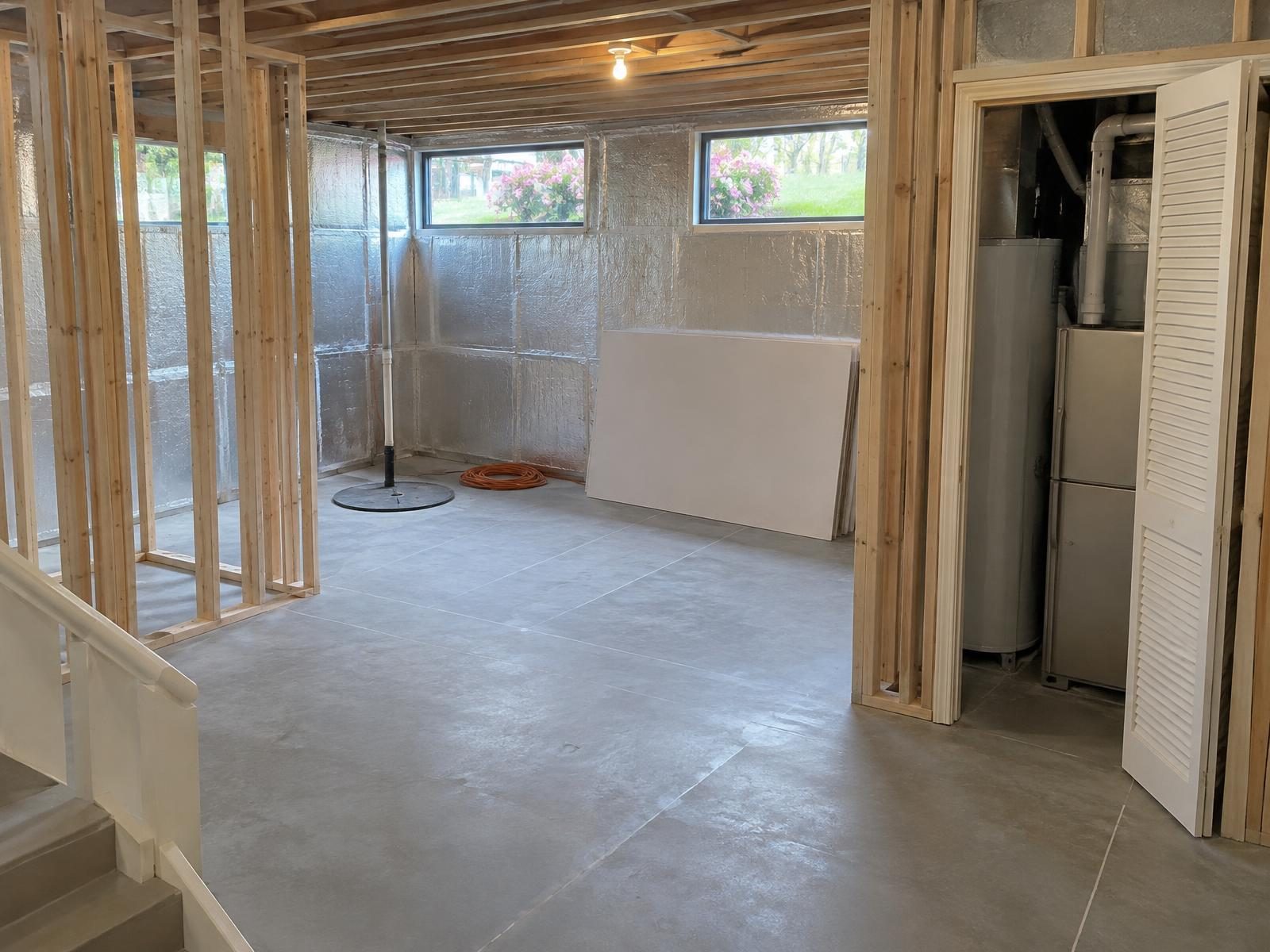 Illustration of the lower level of a 1960s split-foyer house in Fort Washington being finished as a family room, with foam board on the block walls, new stud partitions, half-height windows at grade, an enclosed furnace closet and a sump pit in the corner.