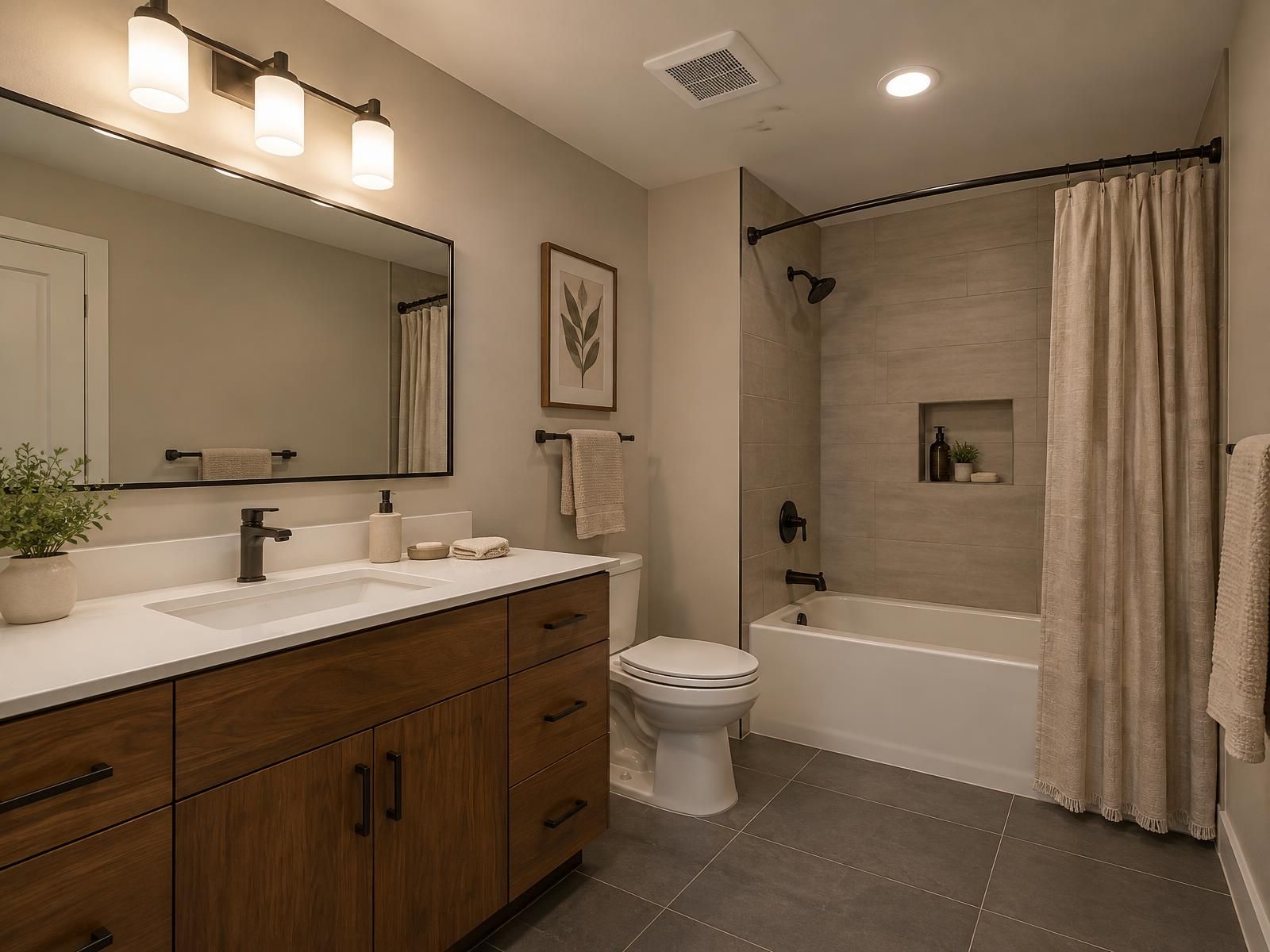 Illustration of a renovated hall bathroom in a 1960s split-level in Prince George's County: a tub-shower with a tiled surround, a wider vanity with a solid-surface top, and a new ceiling exhaust fan.