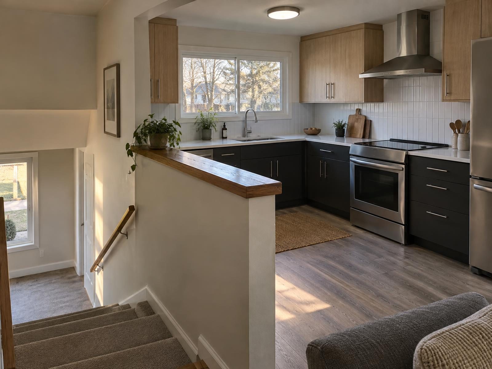 Illustration of a remodeled L-shaped kitchen on the main level of a 1970s split-level in Prince George's County, with refaced cabinets, a new quartz counter, an electric range under a hood ducted outdoors and a half wall looking down the short stair.