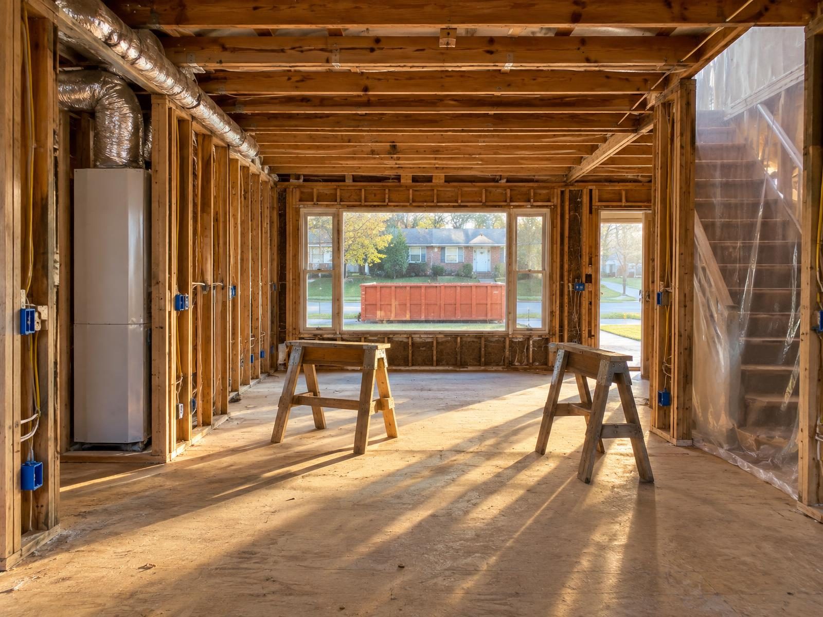 Illustration of a 1960s two-story colonial in Bowie halfway through a whole-house renovation, with the first floor opened to the studs, new electrical boxes along the walls, ductwork for a heat pump air handler and plastic sheeting hung across the stairway.