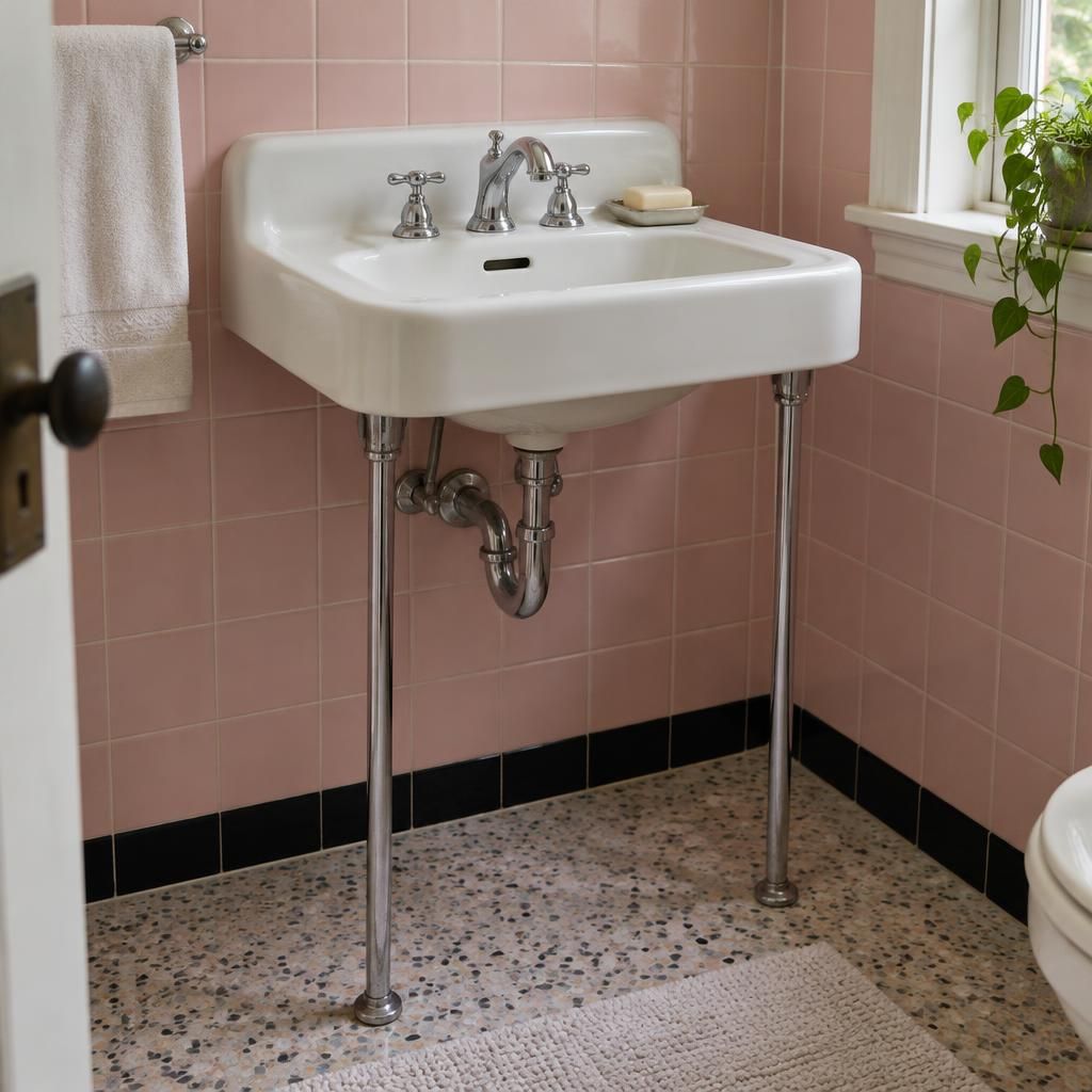 Illustration of a 1950s-style wall-hung sink on chrome legs against pink square tile.