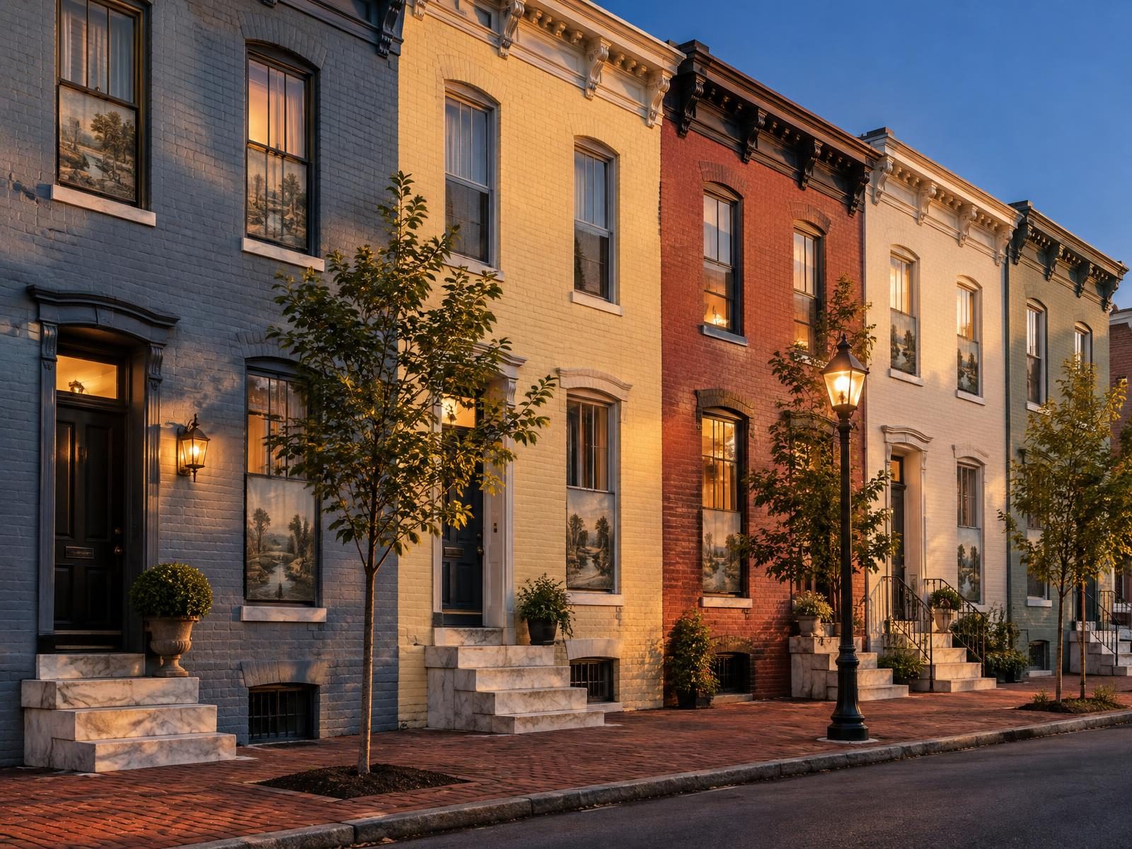 Illustration of a Baltimore street of painted brick rowhouses with marble stoops.