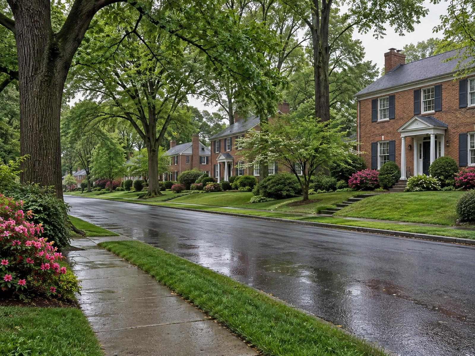 Illustration of a leafy Silver Spring street of brick colonial houses.