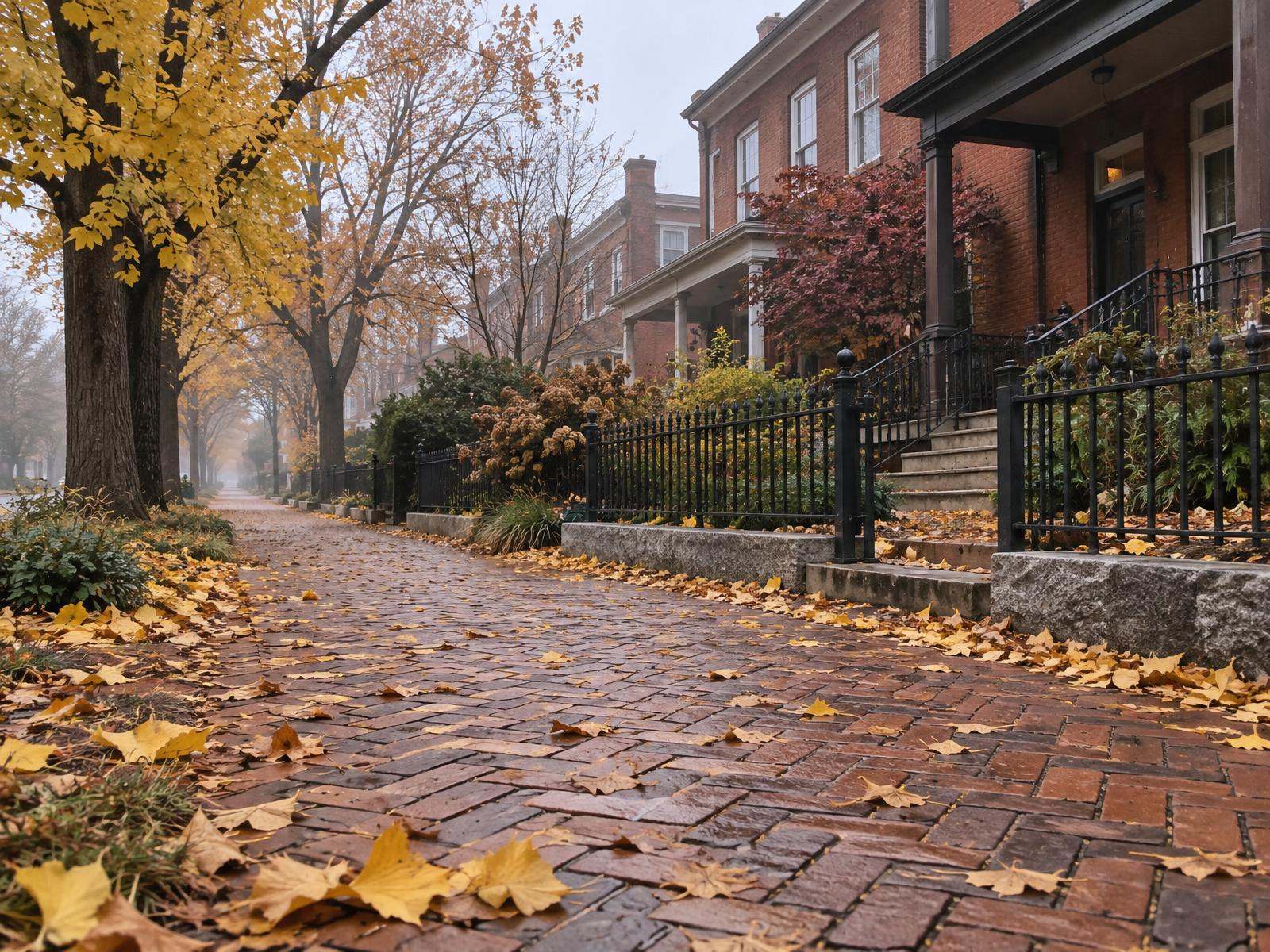 Illustration of a Richmond Fan District block of brick row houses with iron porch railings.
