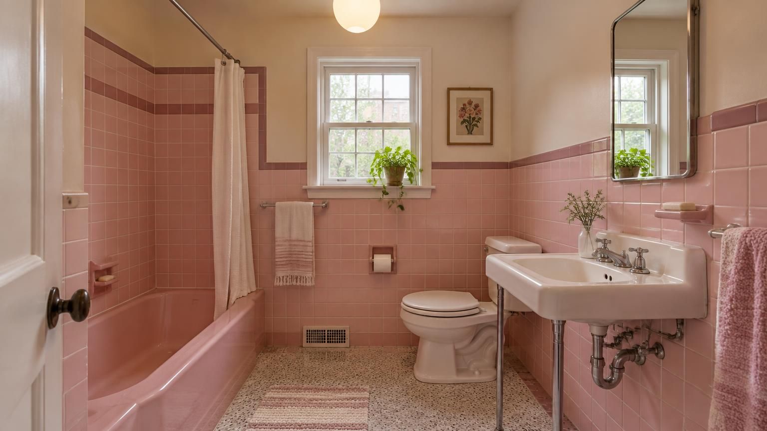 Illustration of a mid-century bathroom with pastel square tile and a wall-hung sink.