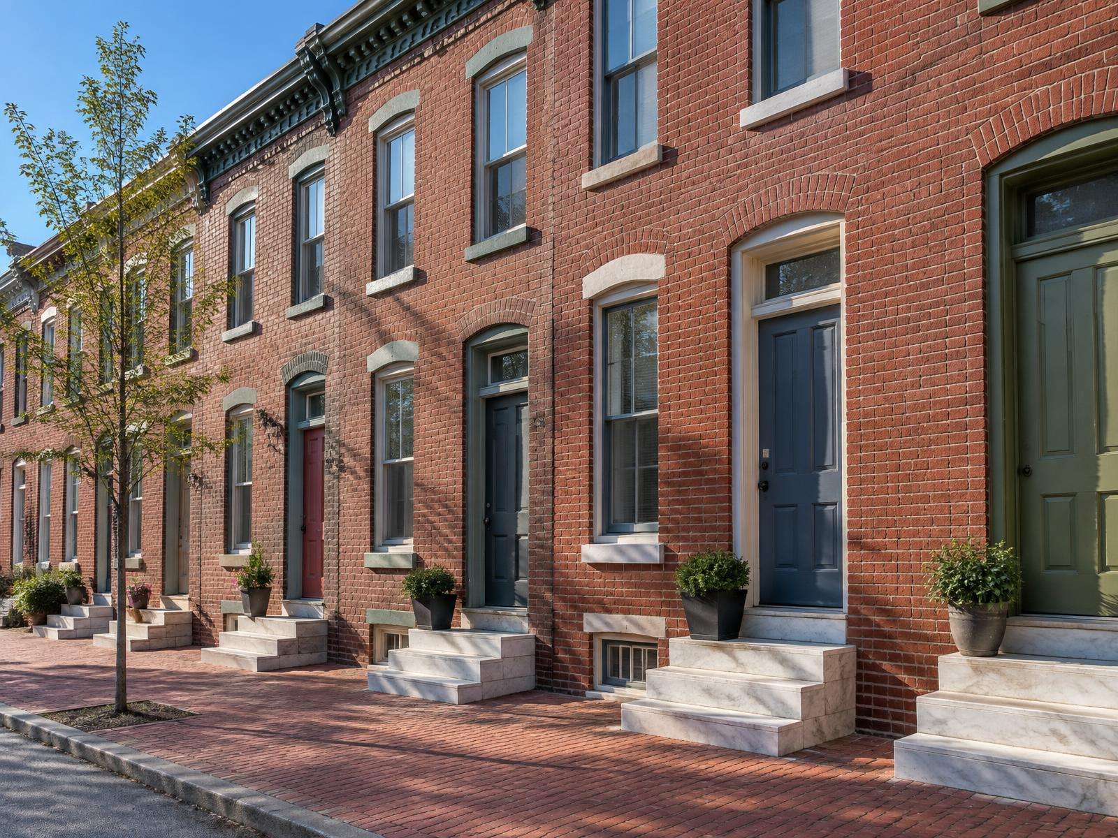 Illustration of a block of Baltimore brick rowhouses with marble front steps.