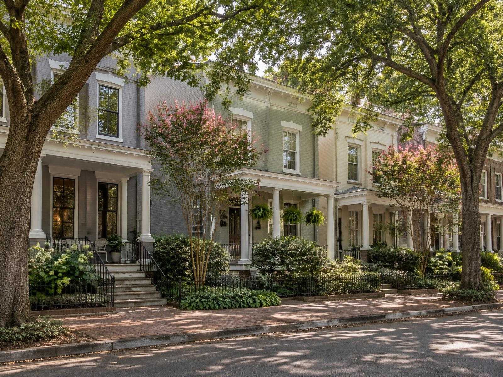 Illustration of a tree-lined Richmond street of brick row houses with front porches.