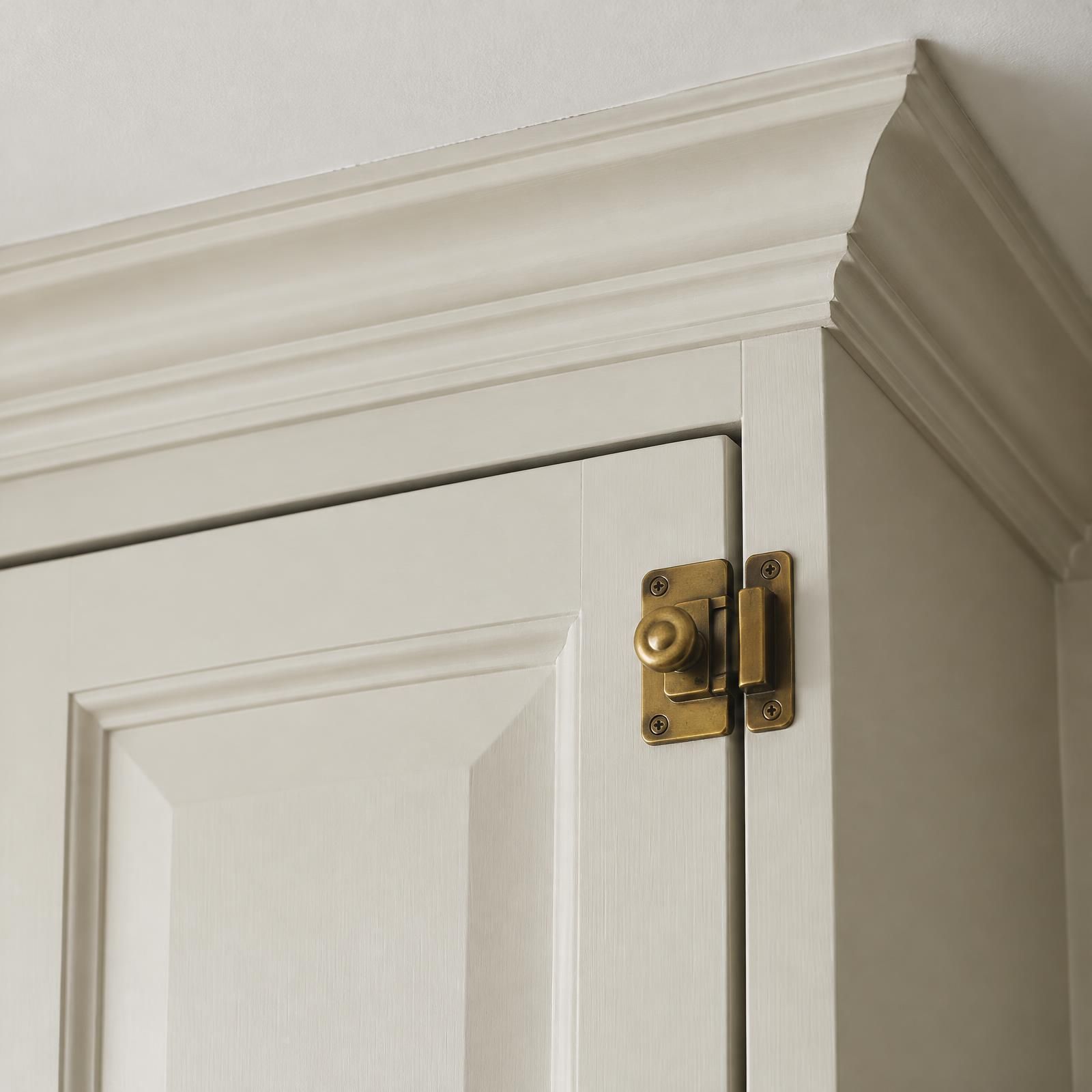 Illustration of an off-white raised-panel cabinet door beneath crown molding, fitted with a reproduction latch.