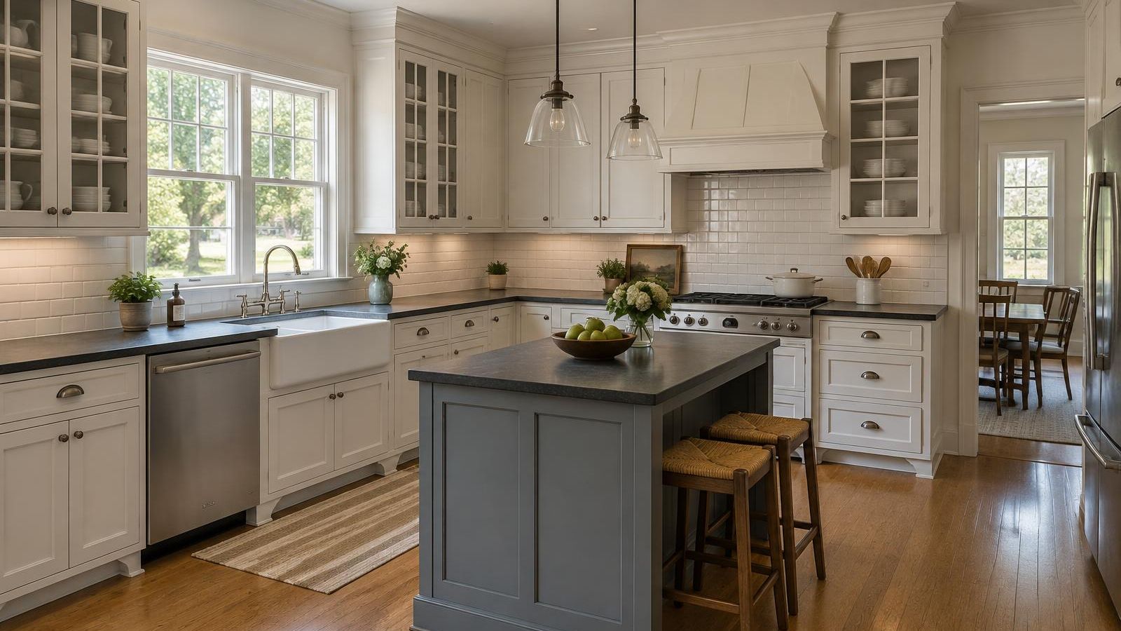 Illustration of a kitchen in a two-story suburban colonial with off-white painted inset cabinets, glass-front upper cabinets with divided lights, soapstone counters and white walls.