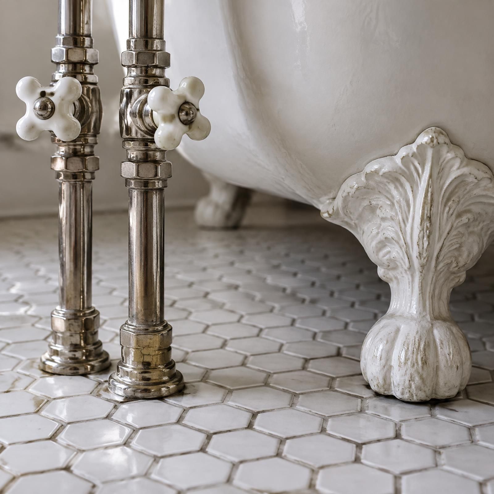 Illustration of exposed nickel-plated pipes and the claw foot of a cast-iron tub on a white hexagon tile floor.