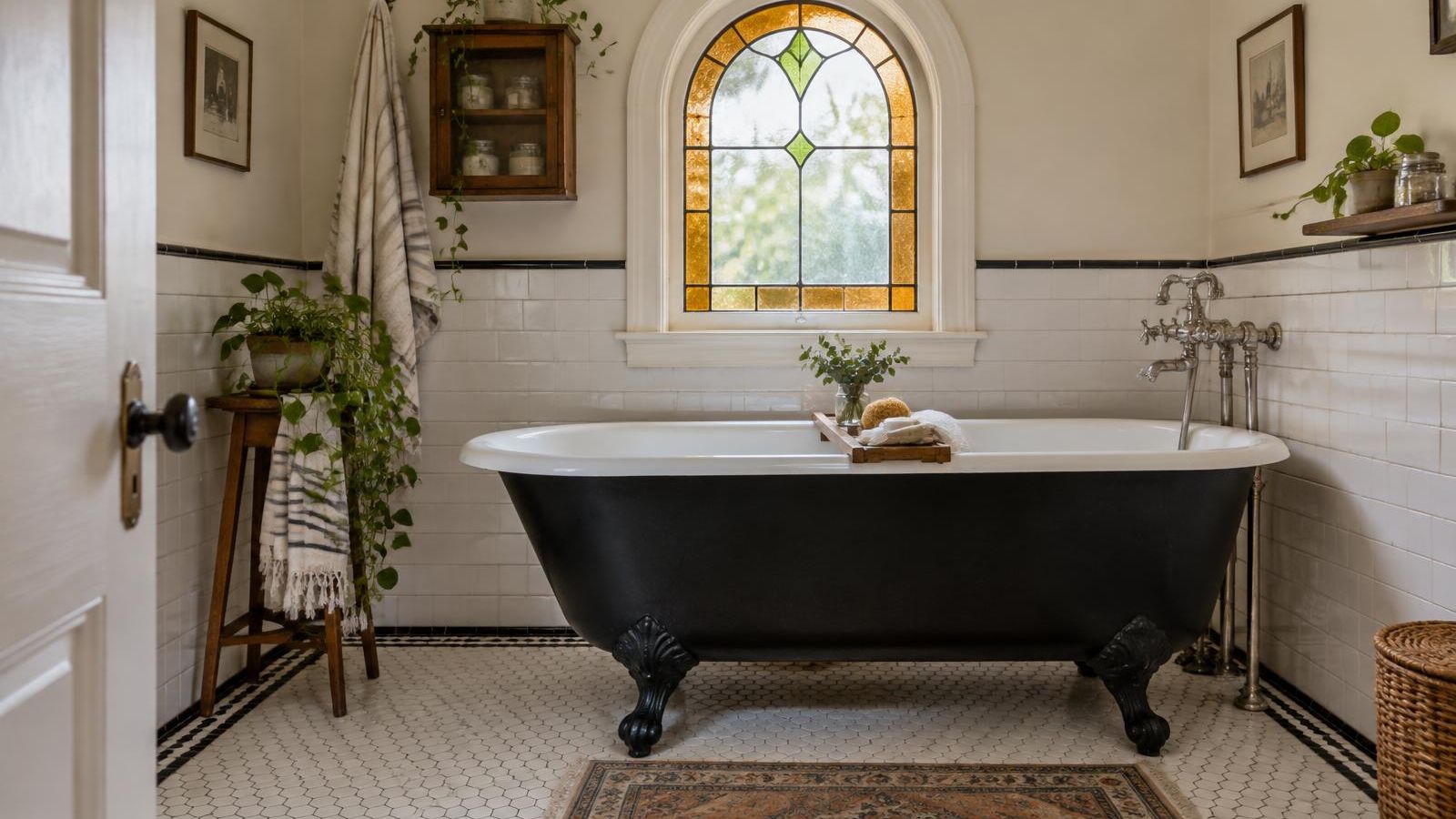 Illustration of a restored upstairs rowhouse bathroom with white subway tile, a white hexagon tile floor with a black border, and a clawfoot tub beneath a stained-glass window.