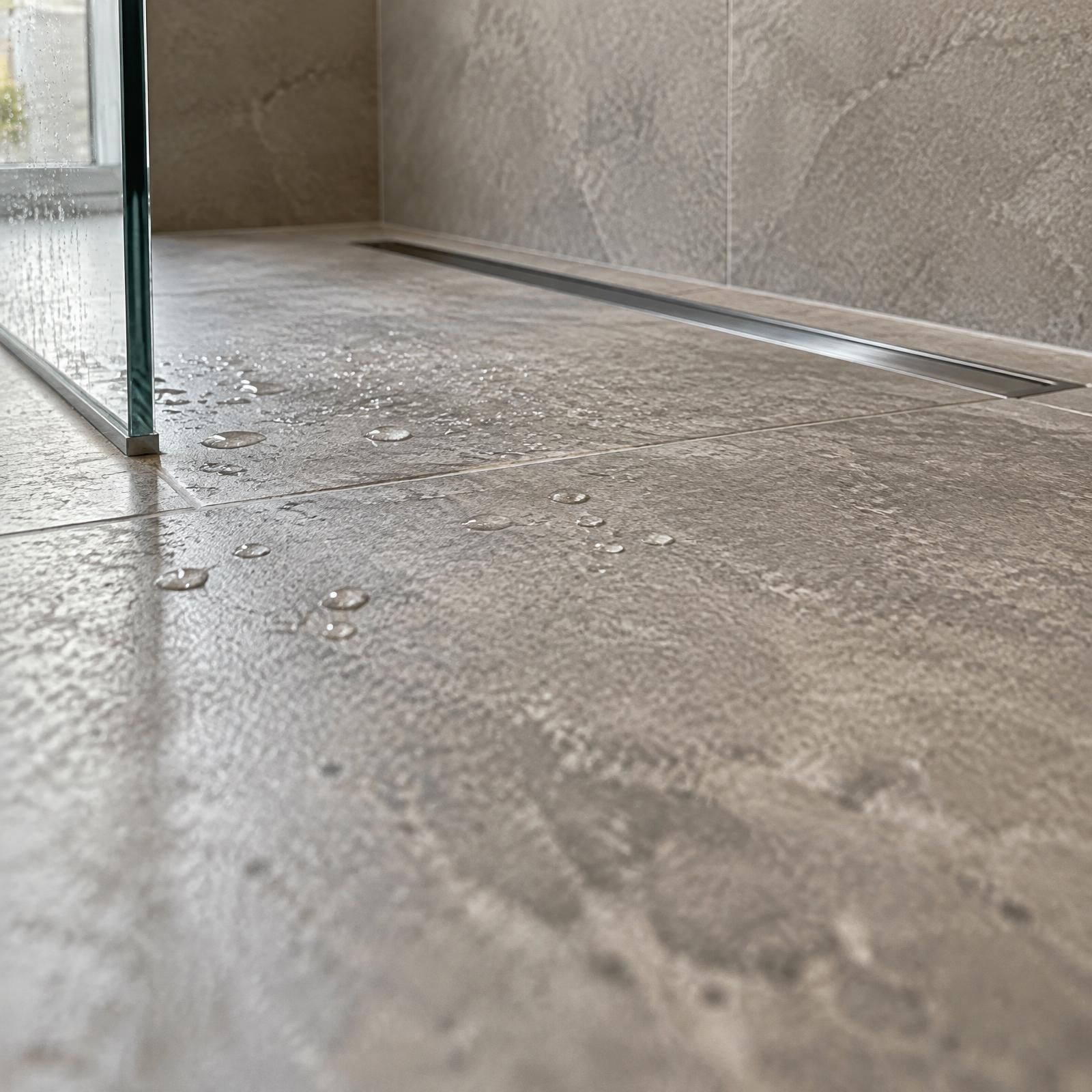 Illustration of a curbless shower entry where stone floor tile slopes gently toward a narrow linear drain.