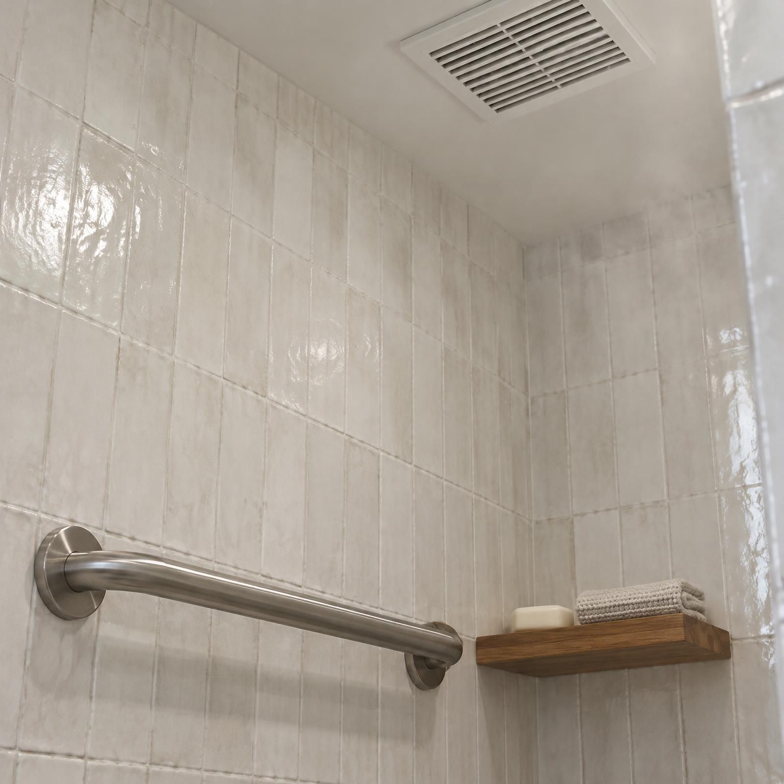 Illustration of a brushed metal grab bar next to a teak shelf in a shower, with an exhaust fan grille in the ceiling.