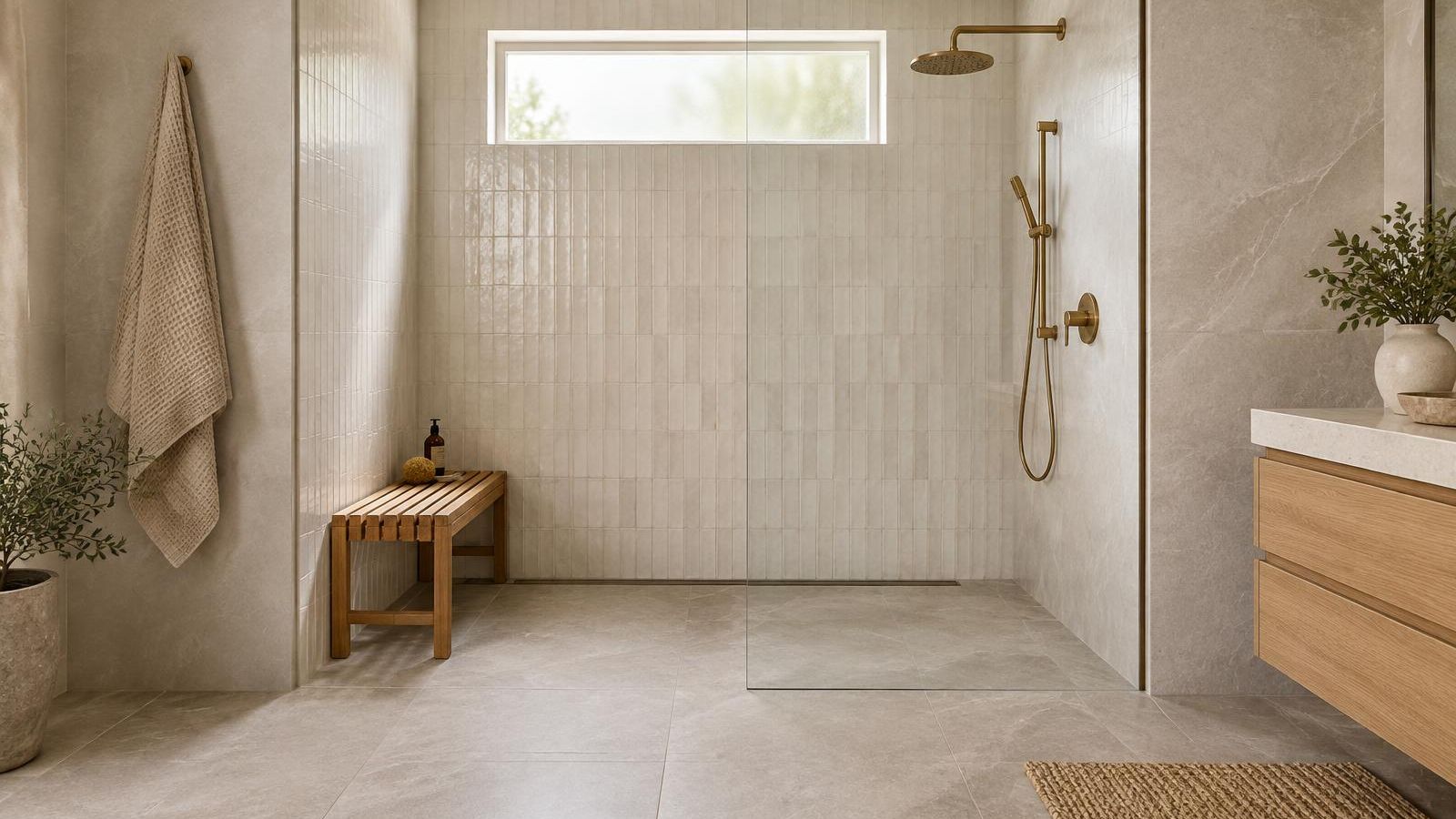 Illustration of a bathroom with a curbless walk-in shower, a stone floor that continues into the shower, a linear drain along the back wall, a teak bench and a hand shower on a slide bar.