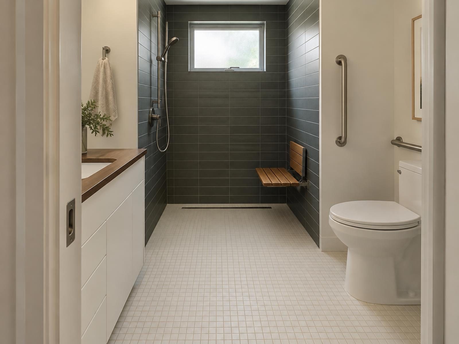 Illustration of an upper-level hall bathroom in a 1960s Fairfax County split-level remodeled for accessibility, with a curbless tiled shower and fold-down seat where the tub used to be, grab bars, a comfort-height toilet and a pocket door.