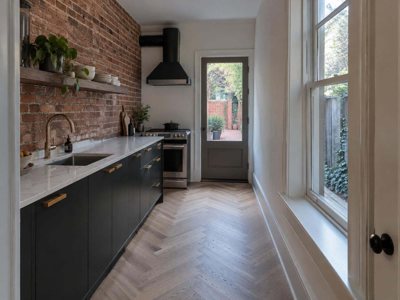 Illustration of a remodeled kitchen in the rear wing of a Parker-Gray brick rowhouse in Alexandria, with cabinets along the party wall, a range under a hood vented through the back wall, and a window onto a narrow side yard.