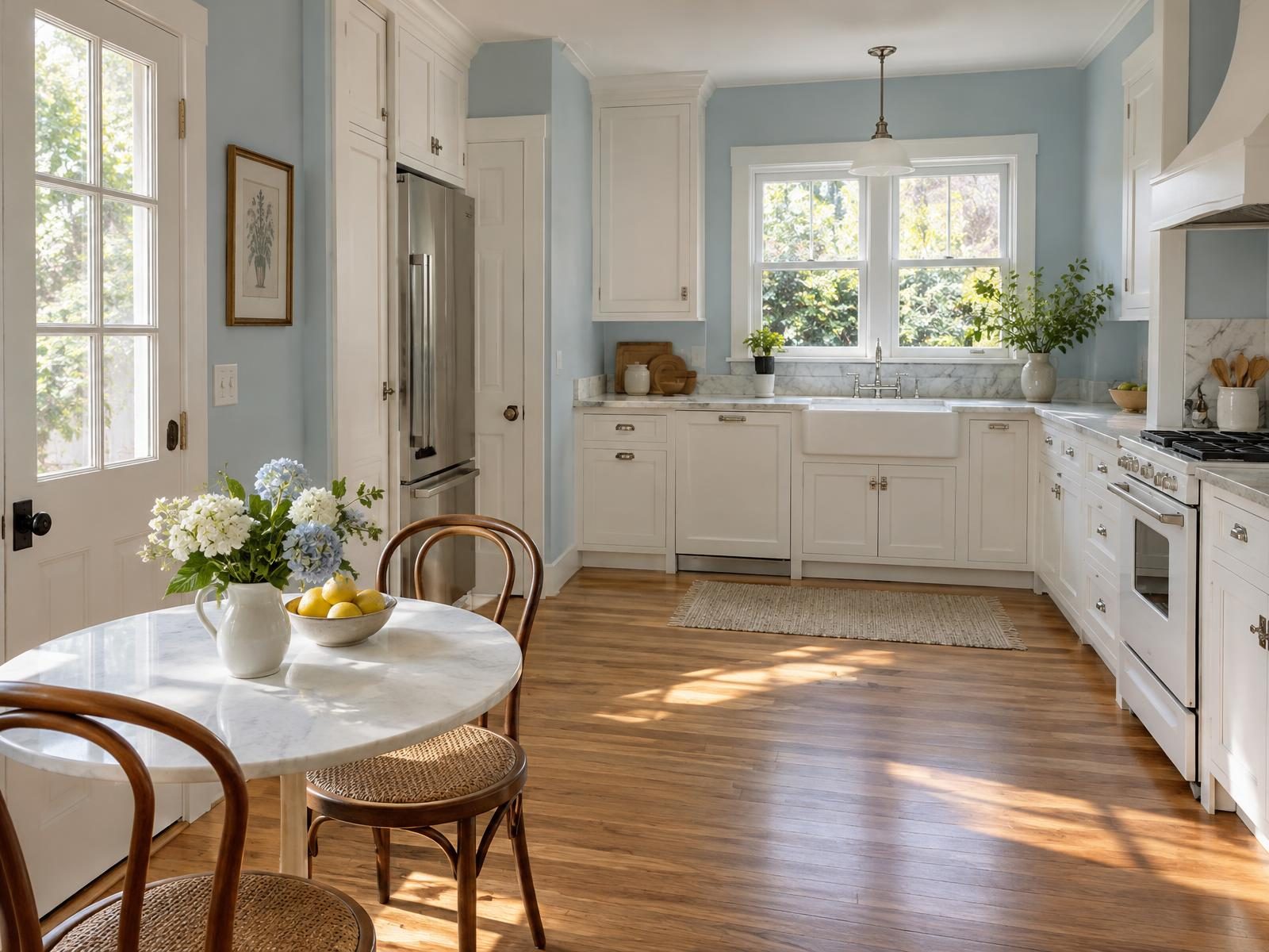 Illustration of a remodeled kitchen in a 1940s Arlington brick colonial, with white inset cabinets, a farmhouse sink under a double window looking onto the side yard, and a small table by the back door.