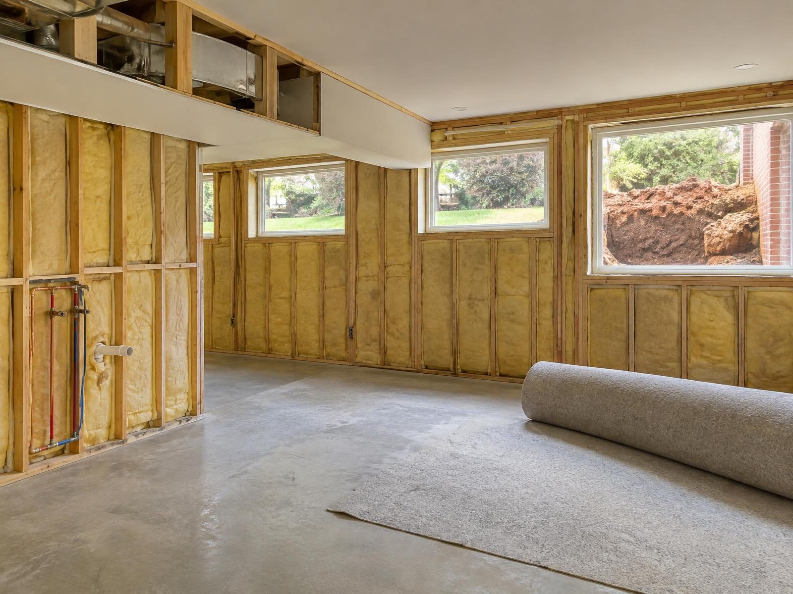 Illustration of the lower level of a 1970s Fairfax County split-level being finished, with framed and insulated walls, a wet bar roughed in along one wall and a new escape window well dug beside the brick foundation.