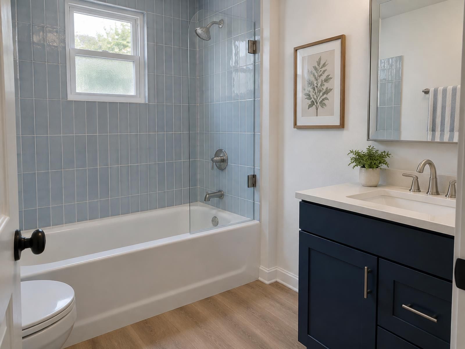 Illustration of a renovated hall bathroom in a 1970s Fairfax County colonial: a tub with a tiled shower surround, a single vanity, and a small window over the tub.